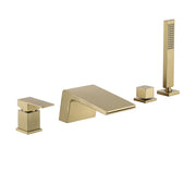 Single-Handle Tub Deck Mount Roman Tub Faucet with Hand Shower and Water Suply Hose in Brushed Gold