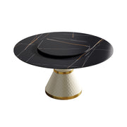 Modern Artificial Stone Dining Table with Carbon Steel Base, White and Black, Round, 59.05 Inches