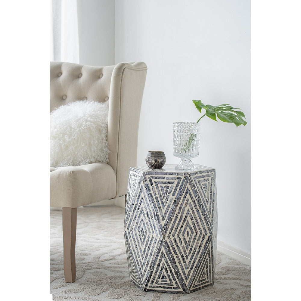 16x14x18' Hexagon Garden Stools, Unique Capiz Accent Side Table, Black/White