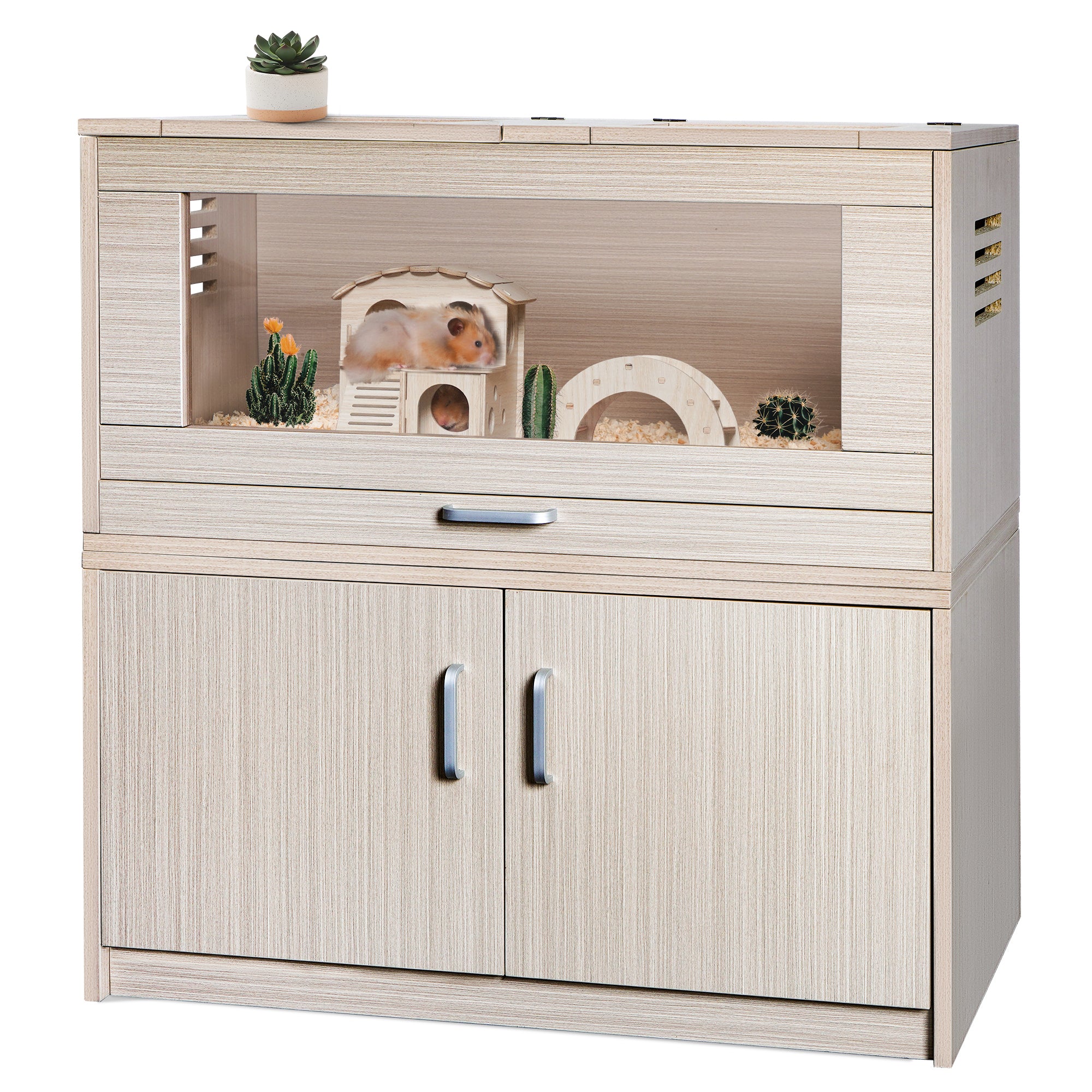 Natural Wood Guinea Pig Cage with Storage Cabinet and Acrylic Windows, Durable Hamster House for Small Pets, 31.5' x 15.75' x 32.28'