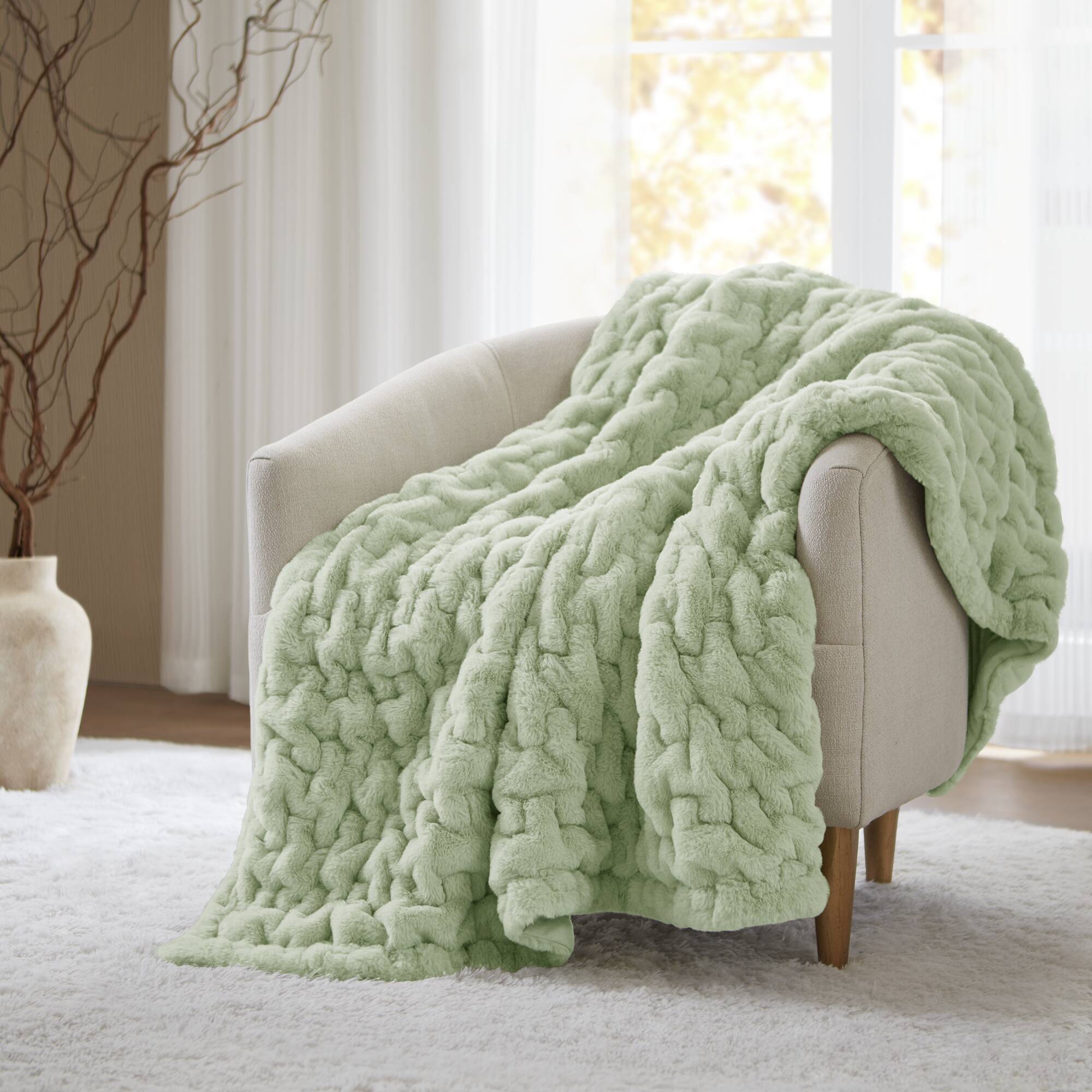 1 PC 50x60' Ruched Fur Throw Sage Green