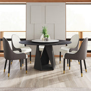 59.05' Round Marble Dining Table with Black Iron Metal Base, Artificial Marble for 6-8 People, 31.5'White Artificial Stone Turntable,White&Black (Dining Table Only)
