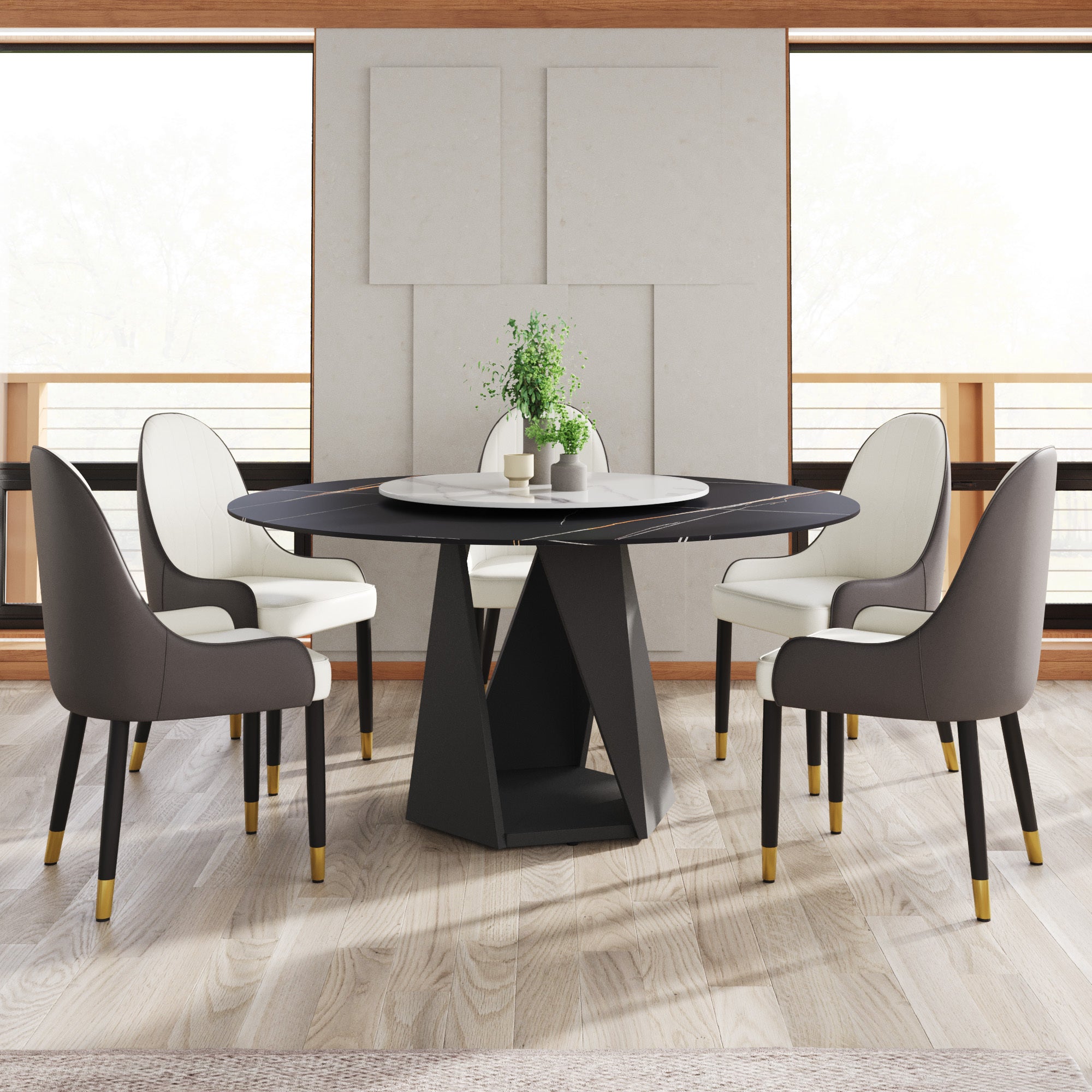 59.05' Round Marble Dining Table with Black Iron Metal Base, Artificial Marble for 6-8 People, 31.5'White Artificial Stone Turntable,White&Black (Dining Table Only)