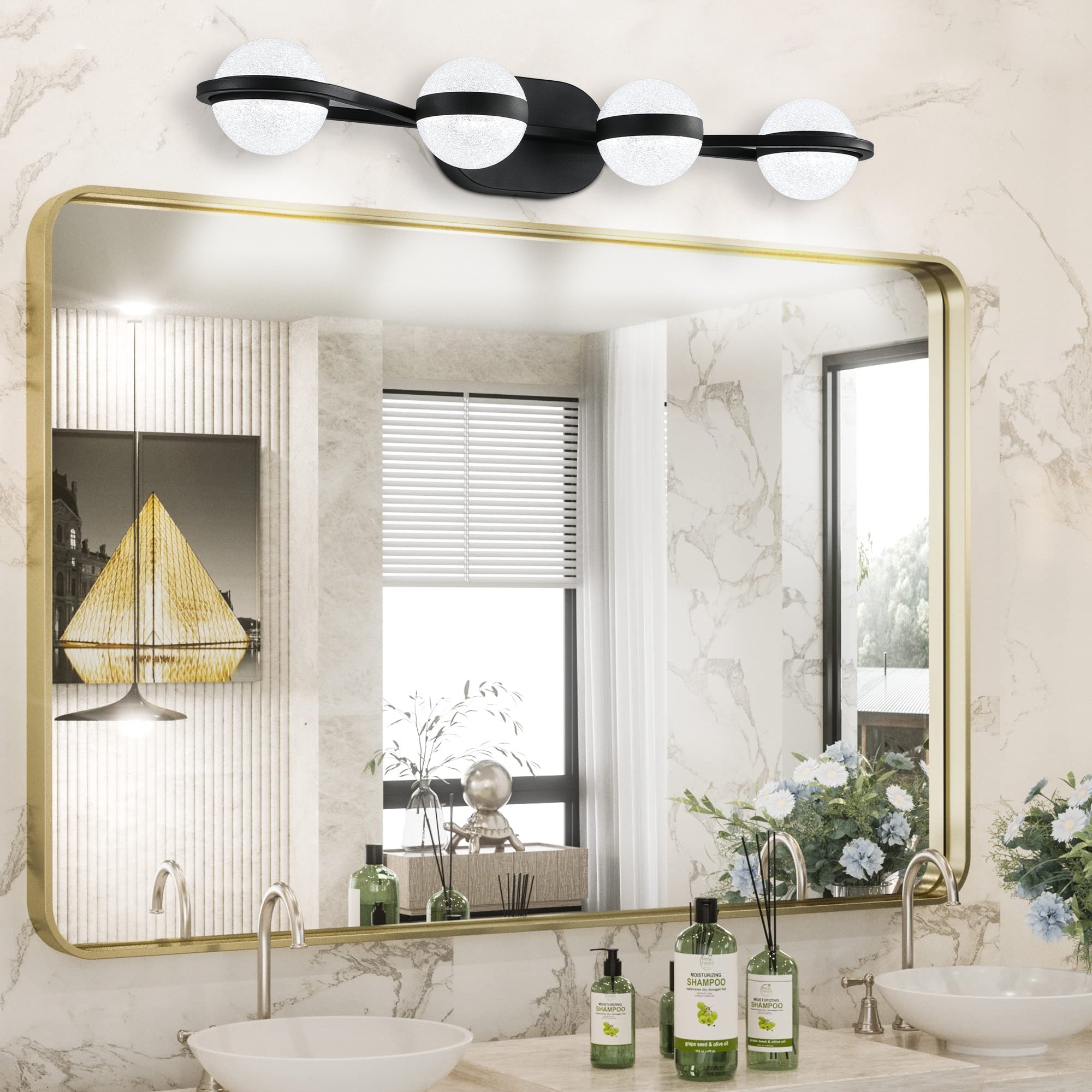(NEW SKU:W1340P206792) 30' Modern Minimalist Bathroom Vanity Light, LED 4 Bulb Crystal Sand Acrylic Shades, Wall Mounted Decorative Lighting Fixture, Suitable for Bathroom Vanity Mirror (Black)