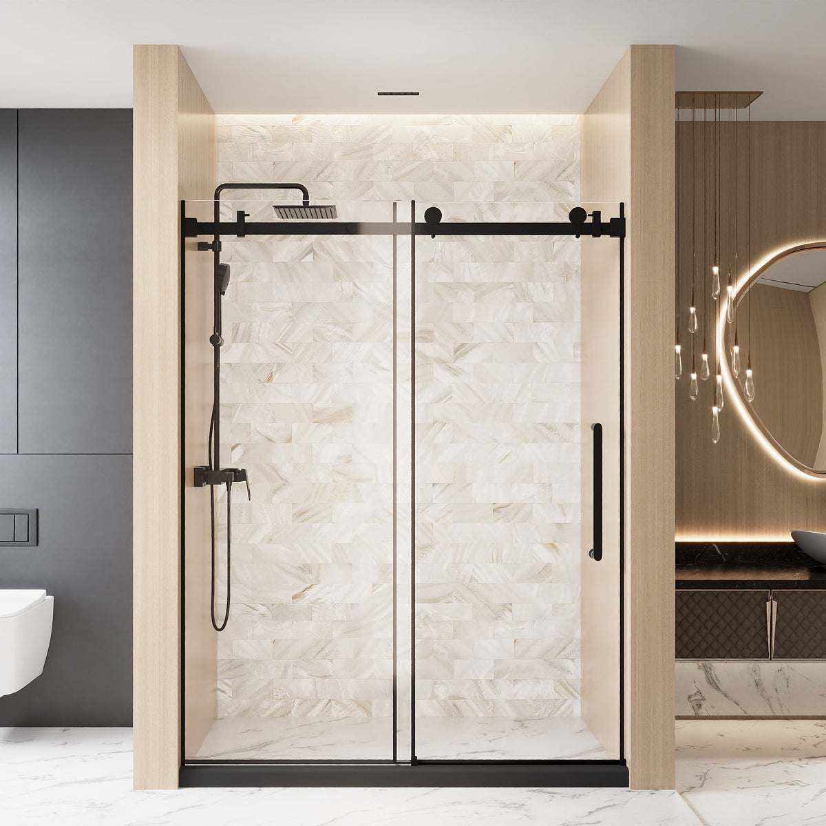 Frameless Single sliding shower door  56-60 'W x 76' H, 1/4 '(6 mm) Clear Tempered Glass, Explosion Proof Film, Stainless Steel Handle Square Tube Track ,Matte Black