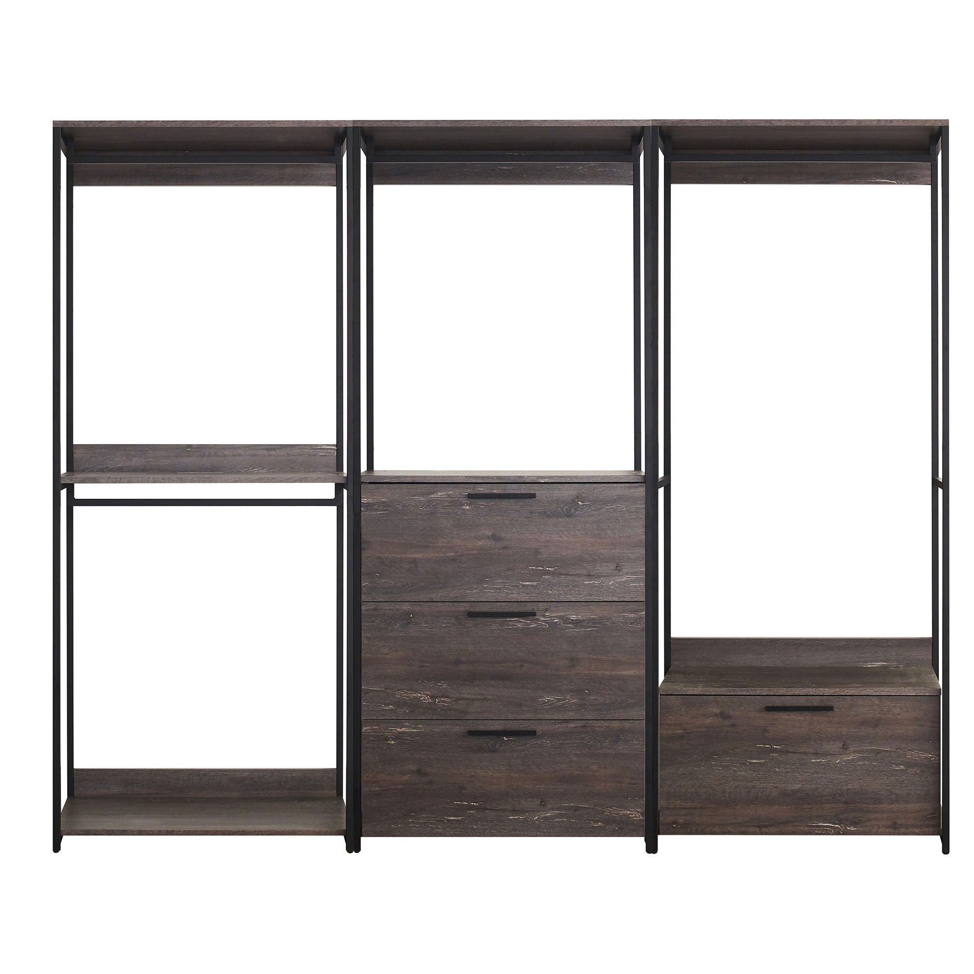 Monica Rustic Wood Walk-in Closet System with Powder Coated Metal Frame and Melamine Finish