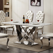 Marble Dining Table for 6 People, 70'' Rectangle Faux Marble Dining Table with Mirrored Finish Stainless Steel Base, Modern Large Size Marble Kitchen Table (Silver,White)(ONLY TABLE)