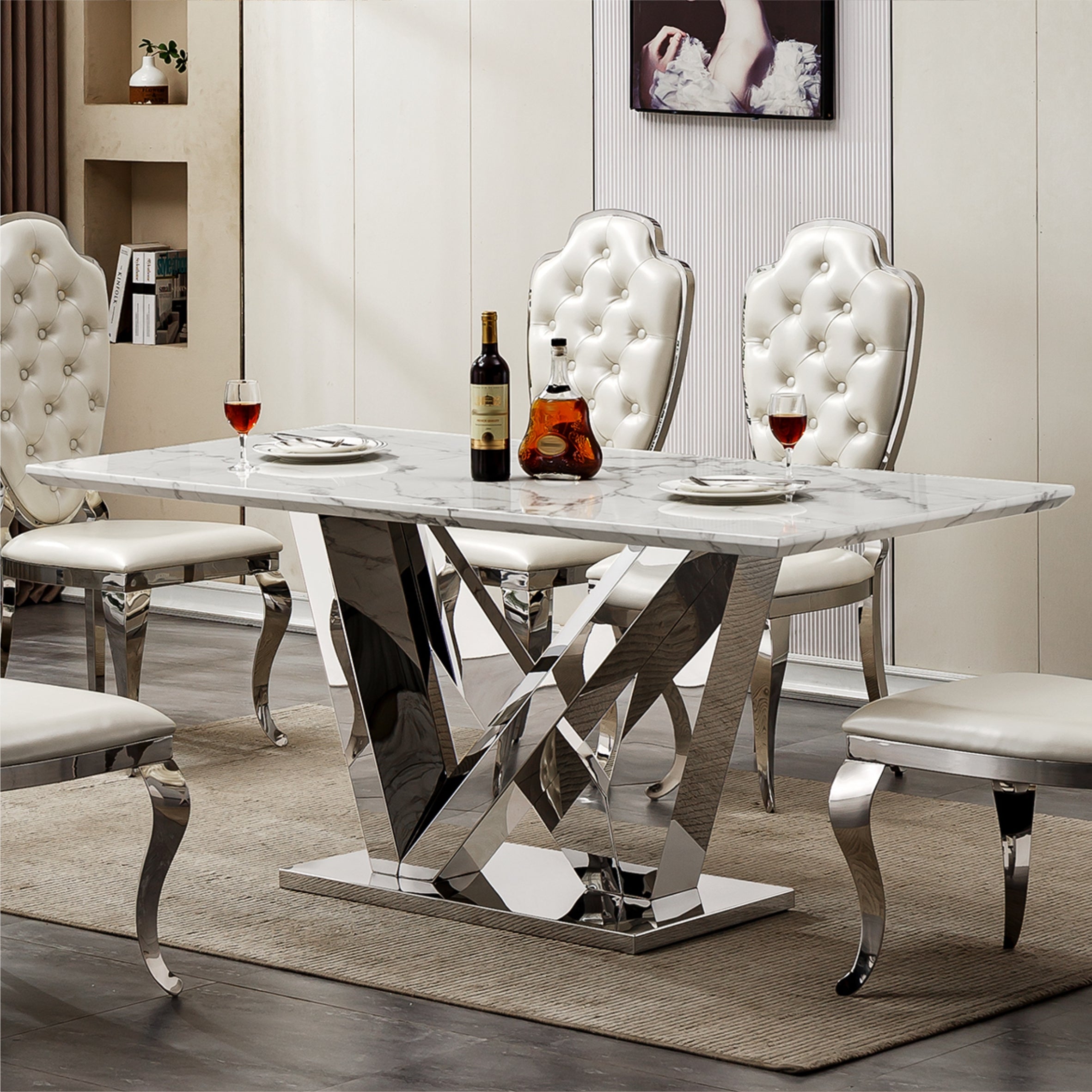 Marble Dining Table for 6 People, 70'' Rectangle Faux Marble Dining Table with Mirrored Finish Stainless Steel Base, Modern Large Size Marble Kitchen Table (Silver,White)(ONLY TABLE)