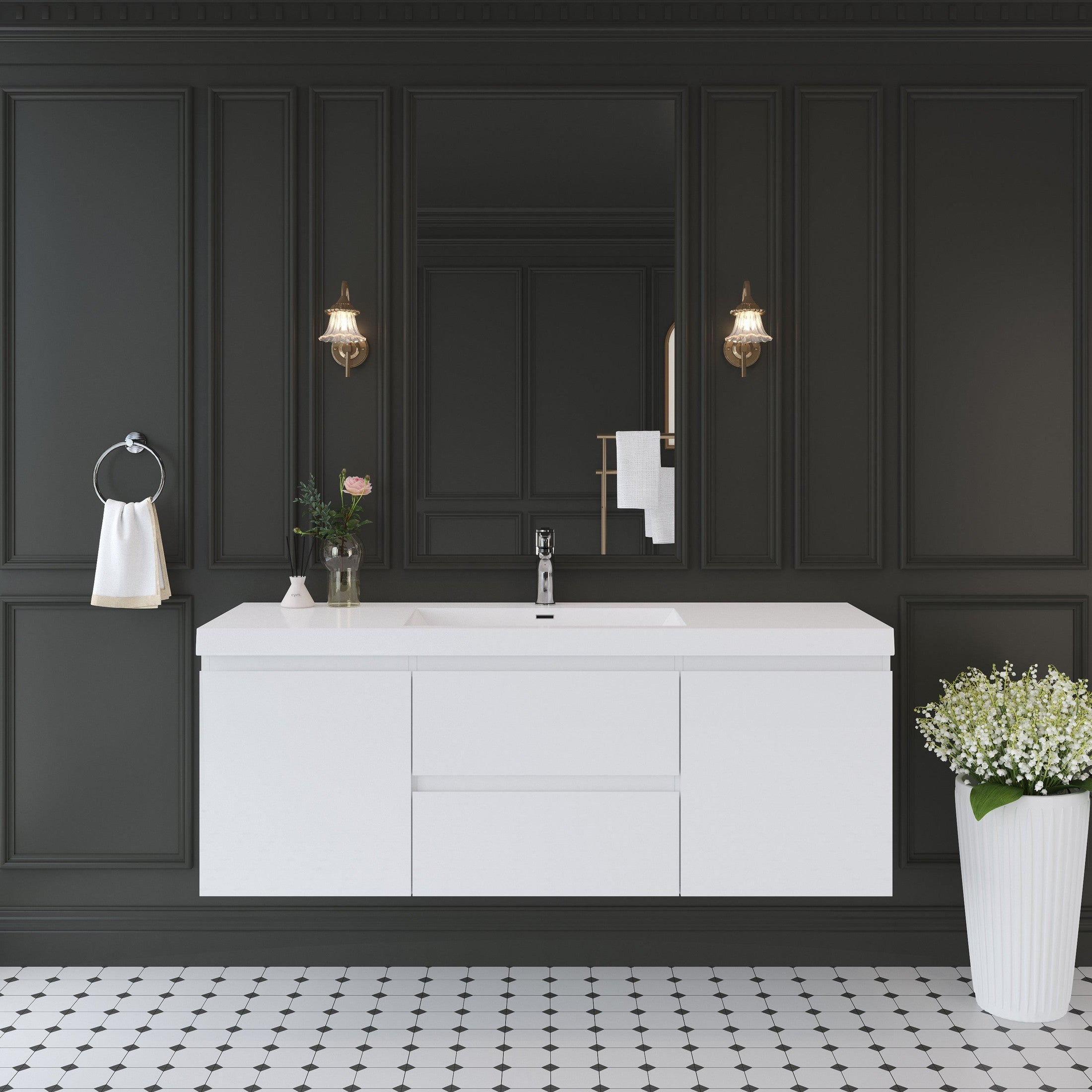 60' Floating Bathroom Vanity with Sink, Modern Wall-Mounted Bathroom Storage Vanity Cabinet with Solid Surface Top Basin and Soft Close Drawers, Glossy White 24V11-60SGW