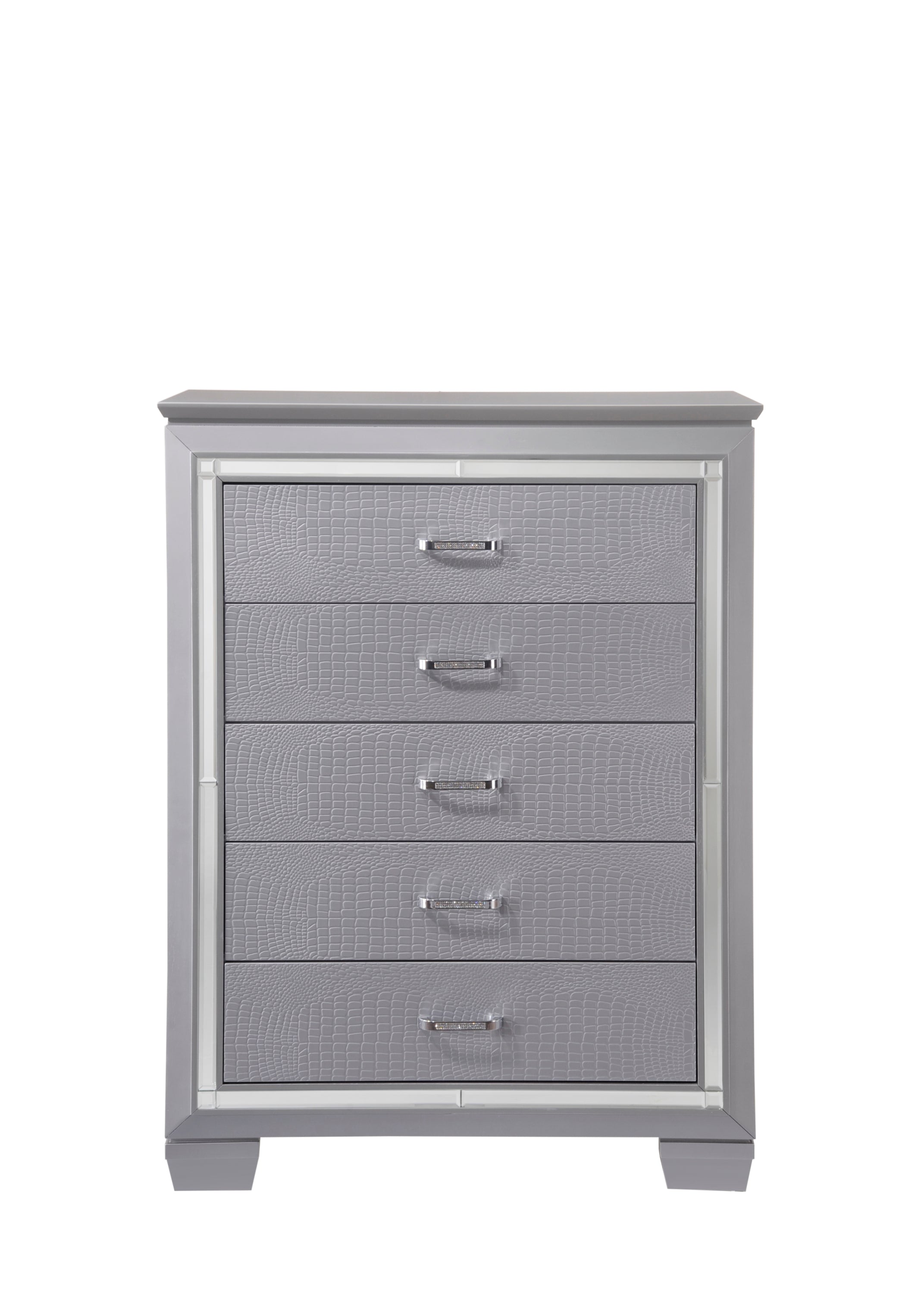 1pc Modern Five Drawer Tall Chest Mirror Accents Chrome Finish Hardware Faux Crystal Accent Silver Finish