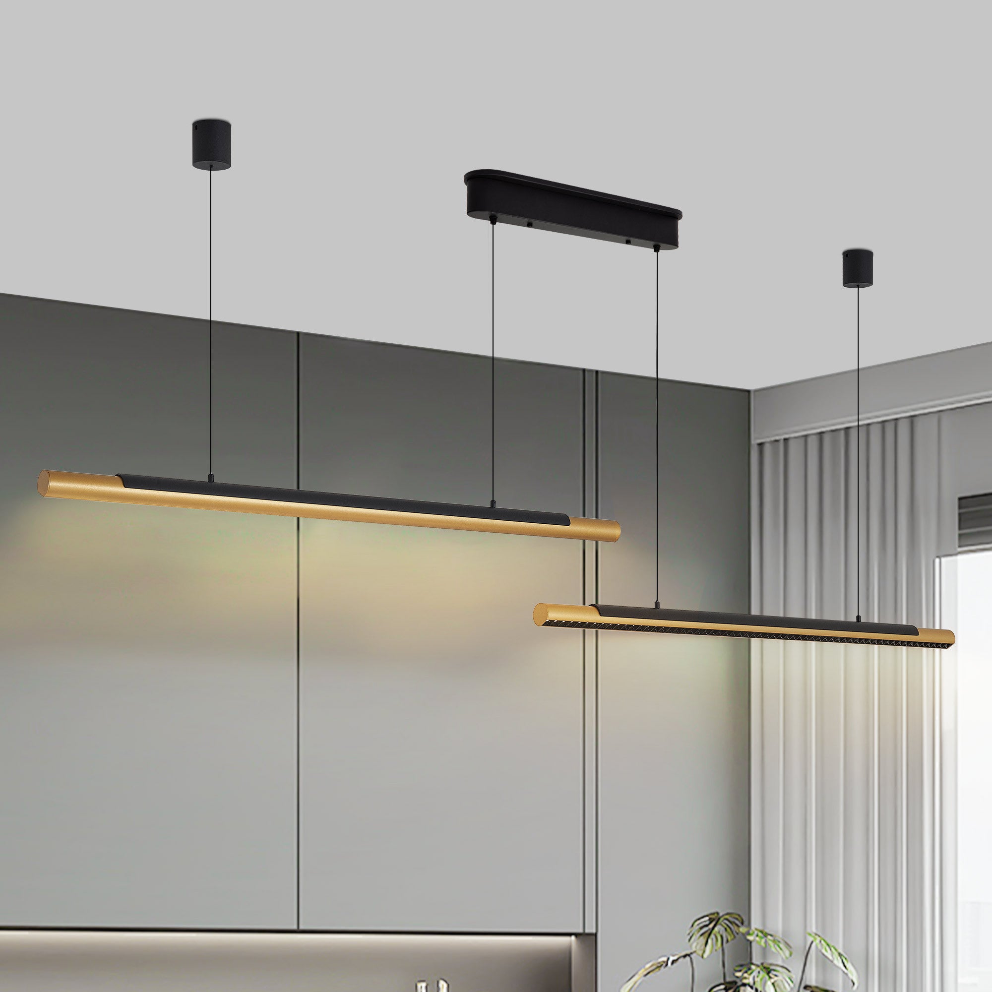 75-inch Modern Black and Gold LED Pendant Light, Adjustable Hanging Light for Dining Room, Kitchen, Living Room – Sleek Dual Tube Design