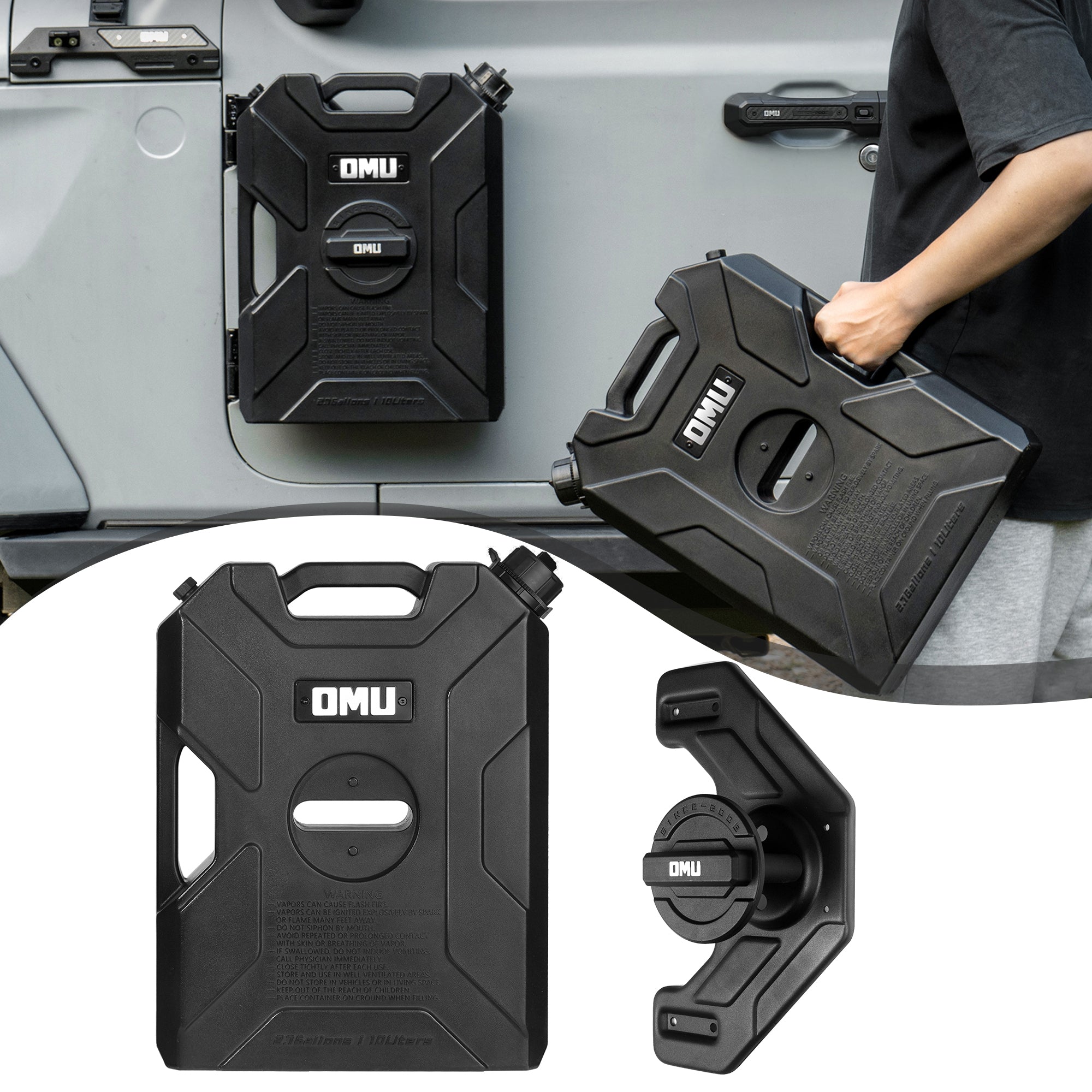 2.64 Gallon/10L Door Hinge Gasoline Container and Mount Set Compatible with 2007-2023 Jeep wrangler JK JL JT, Gasoline Pack Mount Backing Plate with Snapin Spout Backup Petrol Water Storage Can