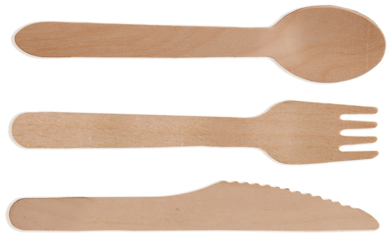 Wooden Compostable Utensils Set - 300 Pieces (100 Forks 100 Spoons 100 Knives) Sturdy Wood Disposable Cutlery - Eco-Friendly Biodegradable Utensils for Party - Free From Plastic Cutlery Set for Eating