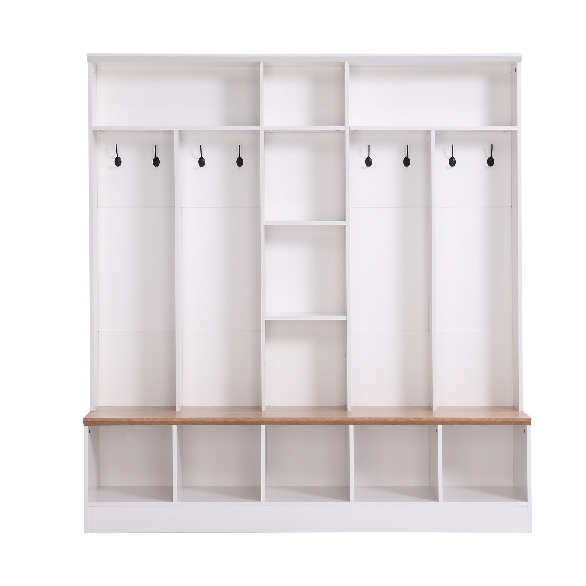 Wide Design Hall Tree with Storage Bench, Minimalist Shoe Cabinet with Cube Storage & Shelves, Multifunctional Coat Rack with 8 Hooks for Entryways, Mudroom, White