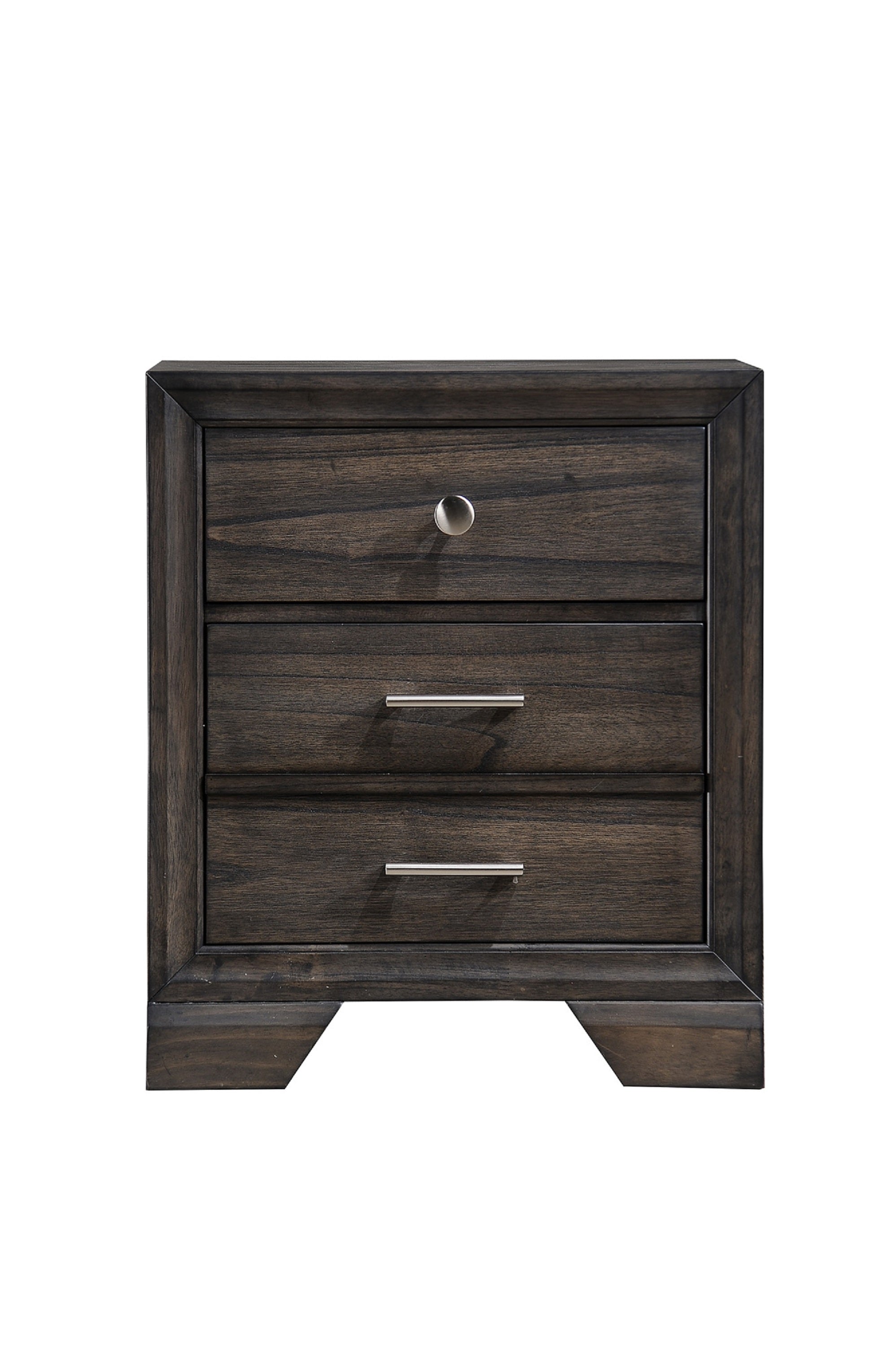 1pc Contemporary Dark Wood Grain Finish Metal Knobs Two-Drawers Nightstand Wooden Gray