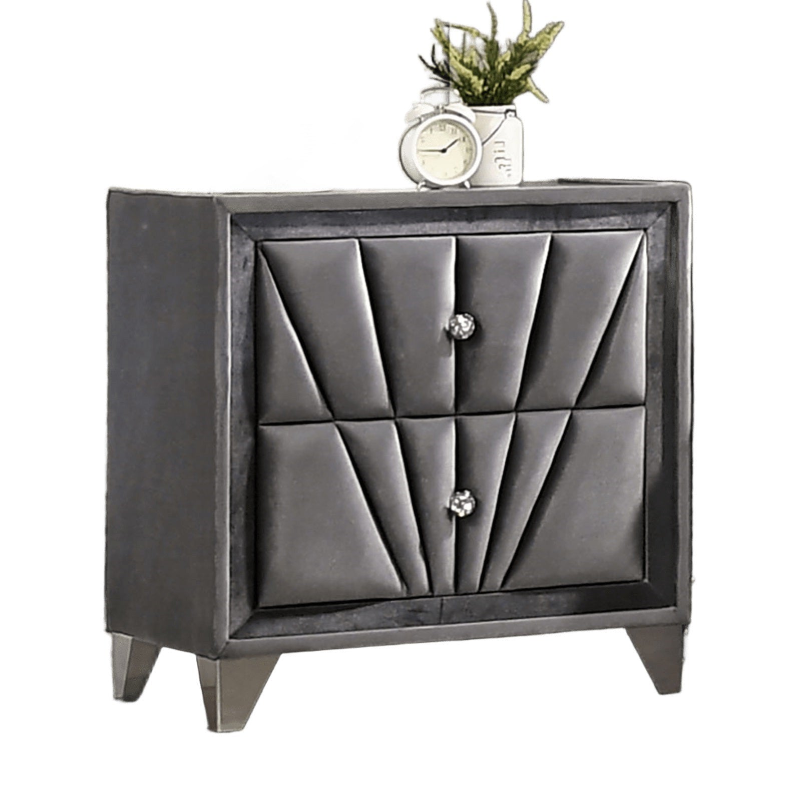 Fully Upholstered Frame 1pc Nightstand Gray Fabric Crystal-like Acrylic Knobs Glass Top Chrome Legs