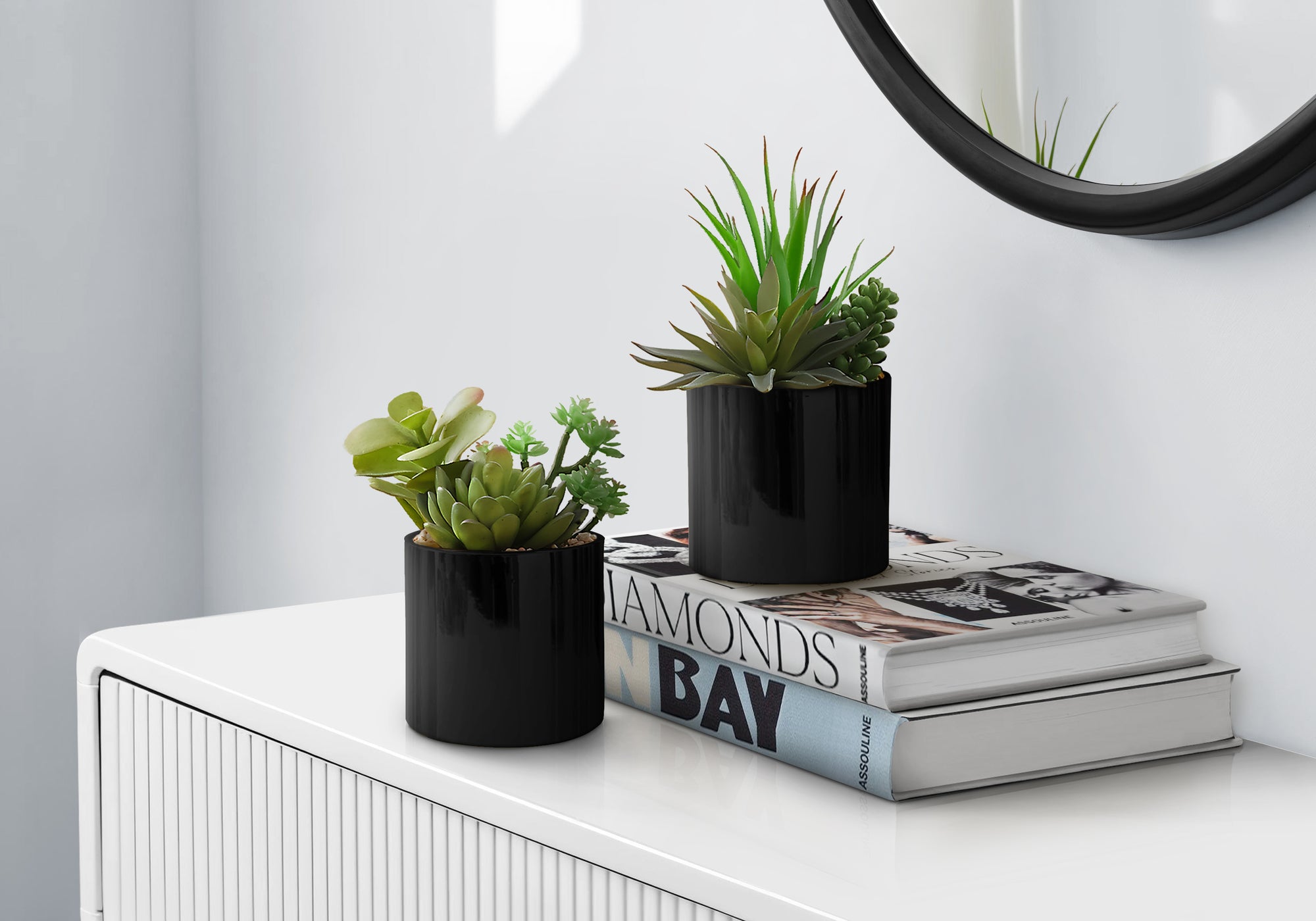 Artificial Plant, 7' Tall, Succulent, Indoor, Faux, Fake, Table, Greenery, Potted, Set Of 2, Decorative, Green Plants, Glossy Black Pots