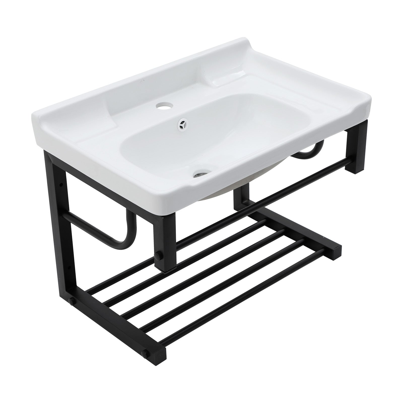 Wall-Mounted Rectangular Ceramic Bathroom Sink with Black Towel Bar & Overflow, White, 23.75'x15.75'