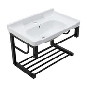 Wall-Mounted Rectangular Ceramic Bathroom Sink with Black Towel Bar & Overflow, White, 23.75'x15.75'