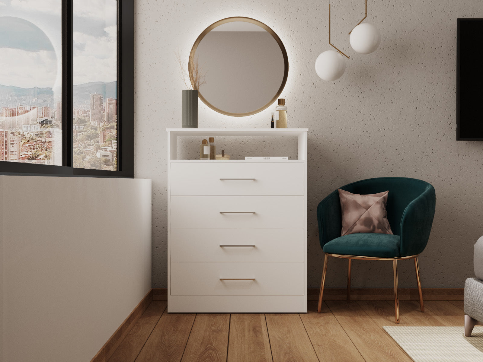 Dresser, Four Drawers, One Shelf, Superior Top, White