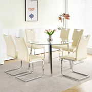 Modern simple table with a glass round table and six chairs. Transparent tempered glass table top, electroplated table legs, bow chair legs (set of 7)