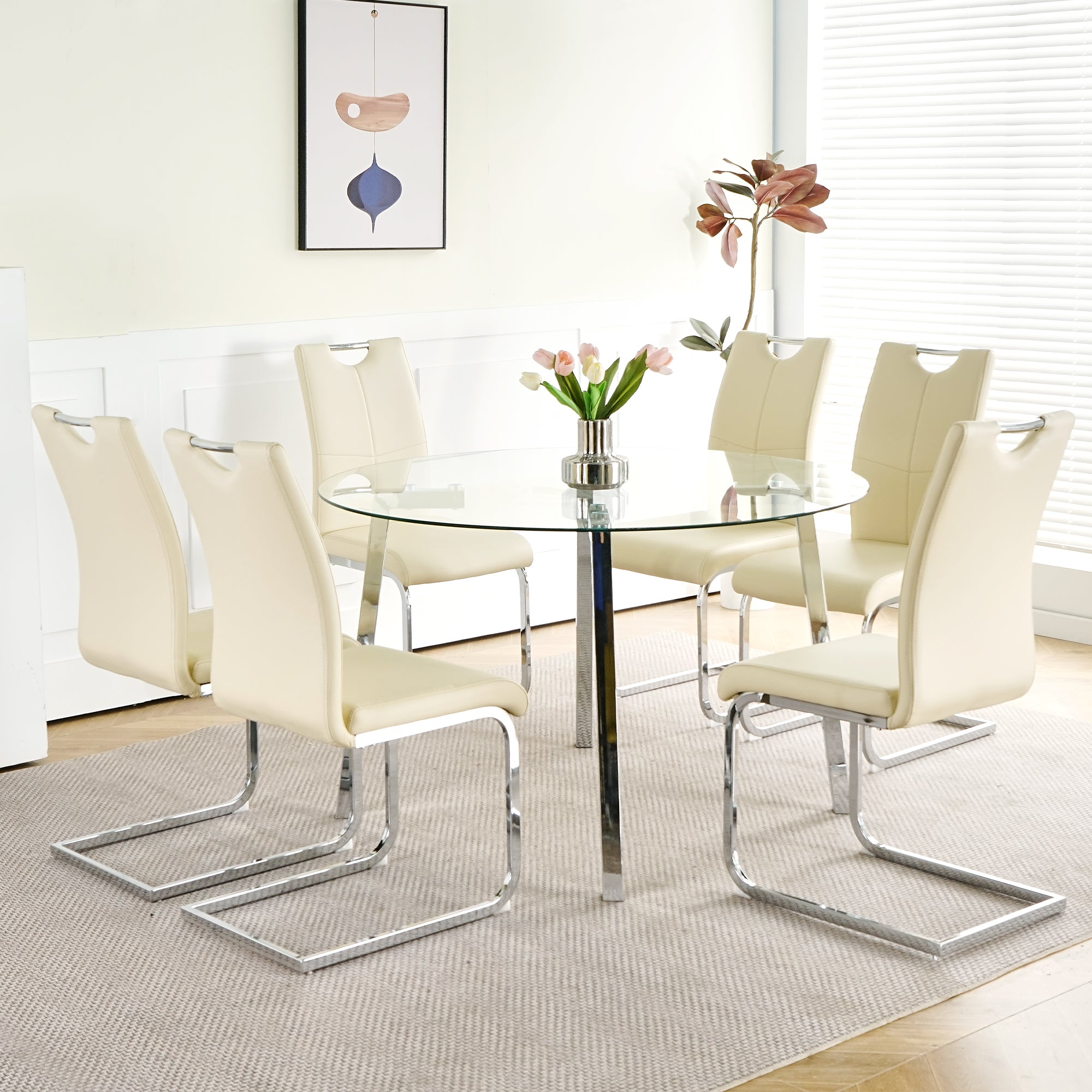 Modern simple table with a glass round table and six chairs. Transparent tempered glass table top, electroplated table legs, bow chair legs (set of 7)