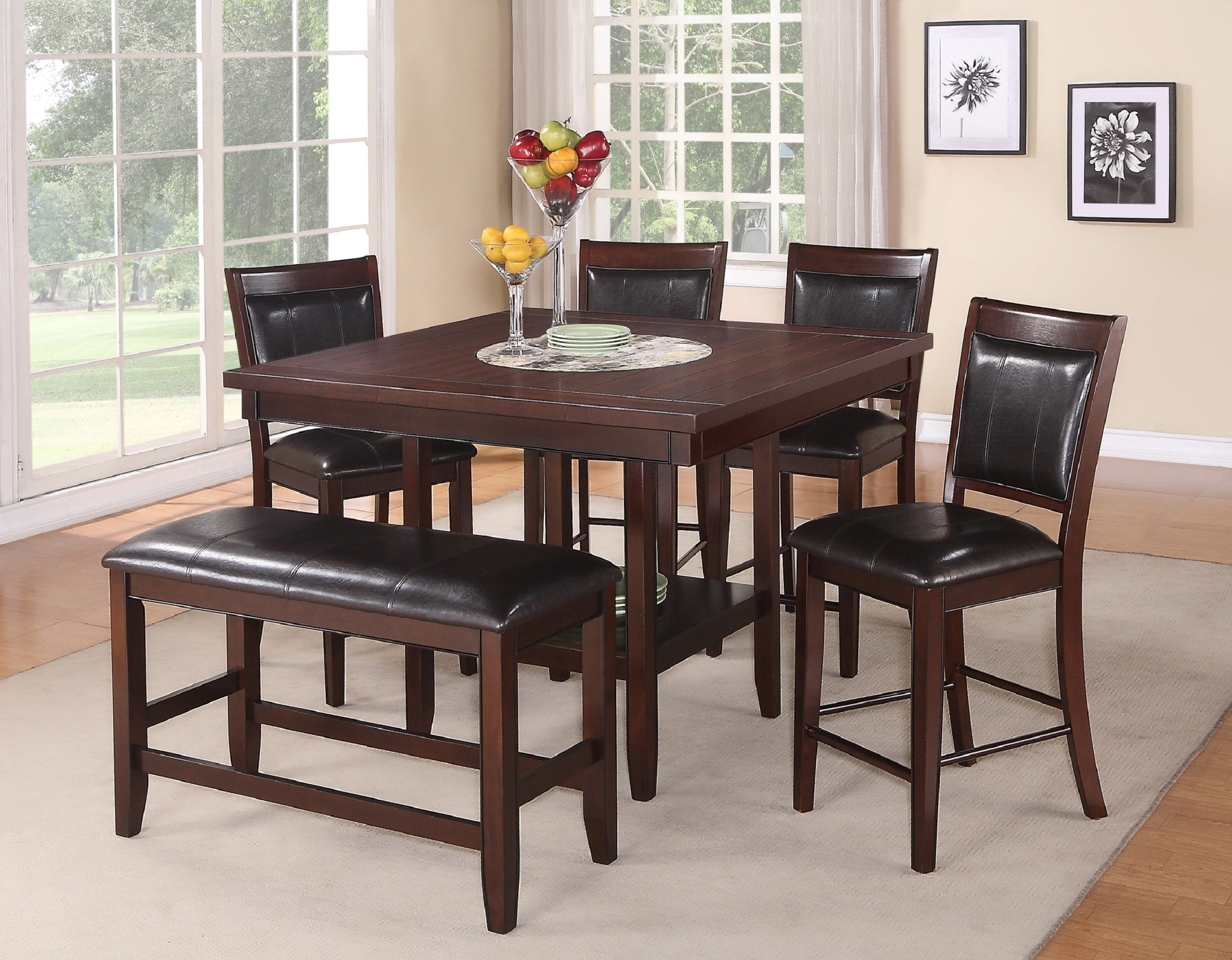 6pc Dining Set Contemporary Farmhouse Style Counter Height w 20-Inch Lazy Susan Dark Brown Espresso  Finish Faux Leather Upholstered Chairs Bench Wooden Wood Veneers Solid Wood Dining Room Furniture
