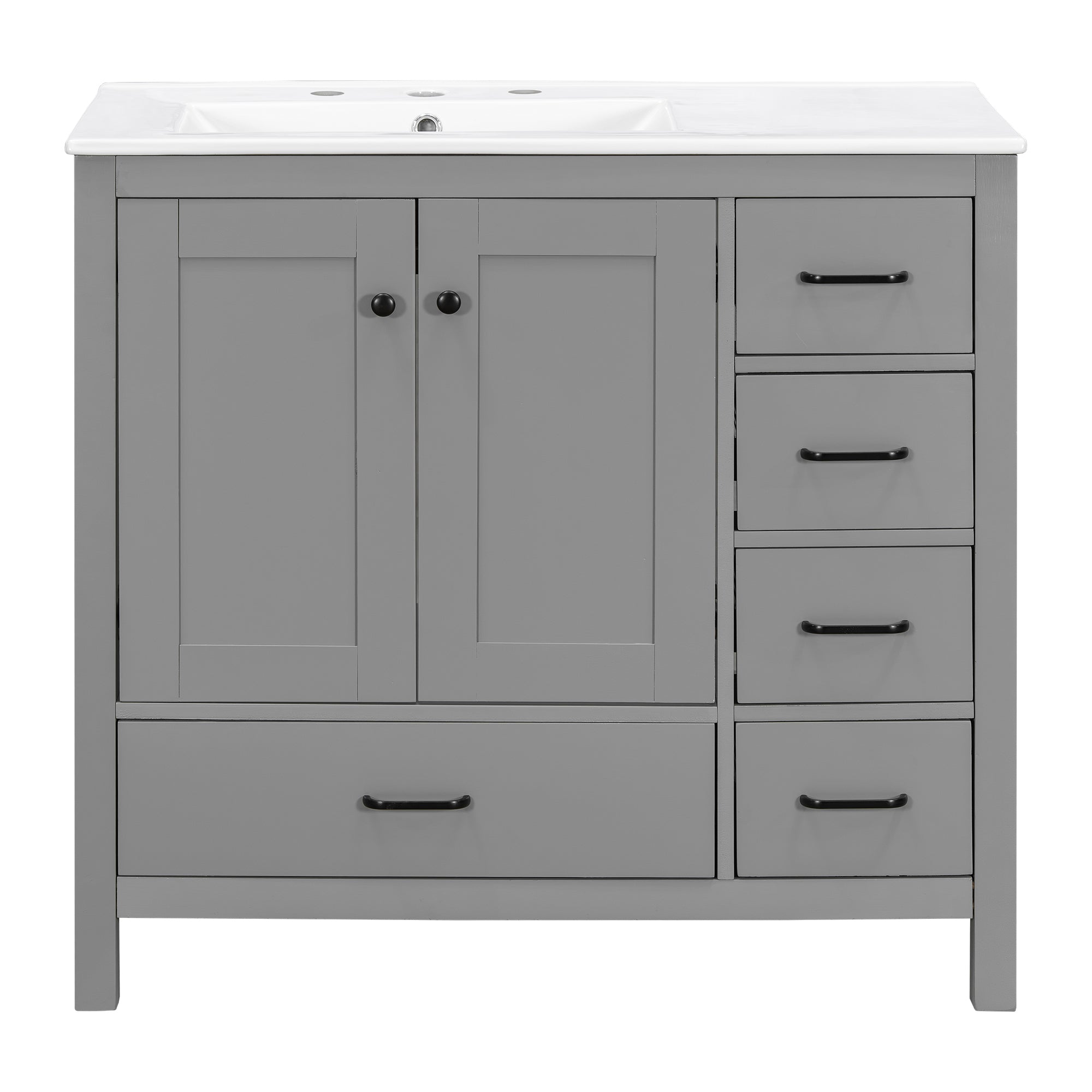 Modern Gray Bathroom Vanity with Ceramic Sink Combo, Abundant Storage Cabinet with 2 Soft Close Doors and 5 Drawers