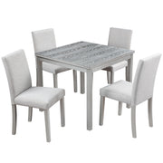 5 Piece Wooden Dining Table Set, Kitchen Table Set with a Square Table and 4 Upholstered Chairs, Wooden Dining Room Table with Crystal Decoration and Chairs Set for Kitchen, Dining Room, Silver Grey