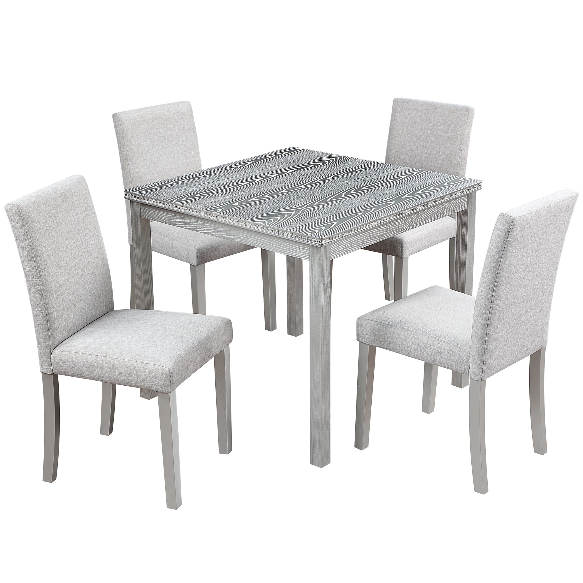 5 Piece Wooden Dining Table Set, Kitchen Table Set with a Square Table and 4 Upholstered Chairs, Wooden Dining Room Table with Crystal Decoration and Chairs Set for Kitchen, Dining Room, Silver Grey