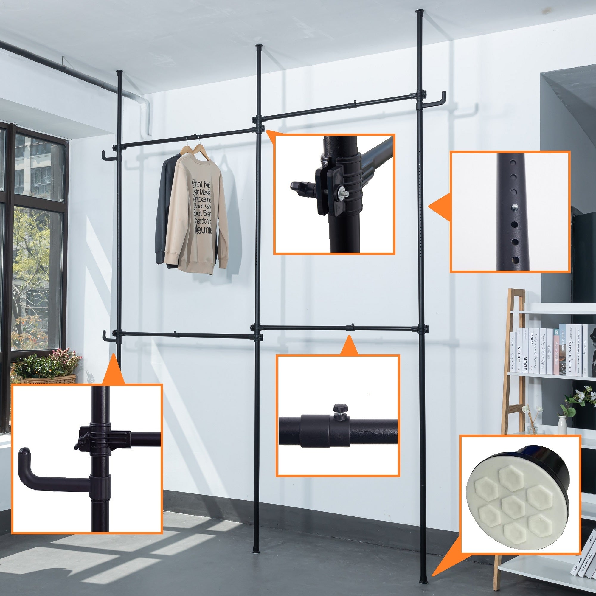 Three Clothing Rack, Adjustable Racks for Hanging Clothes, 2 Tier Clothes Heavy Duty Garment White Closet Freestanding System-Black