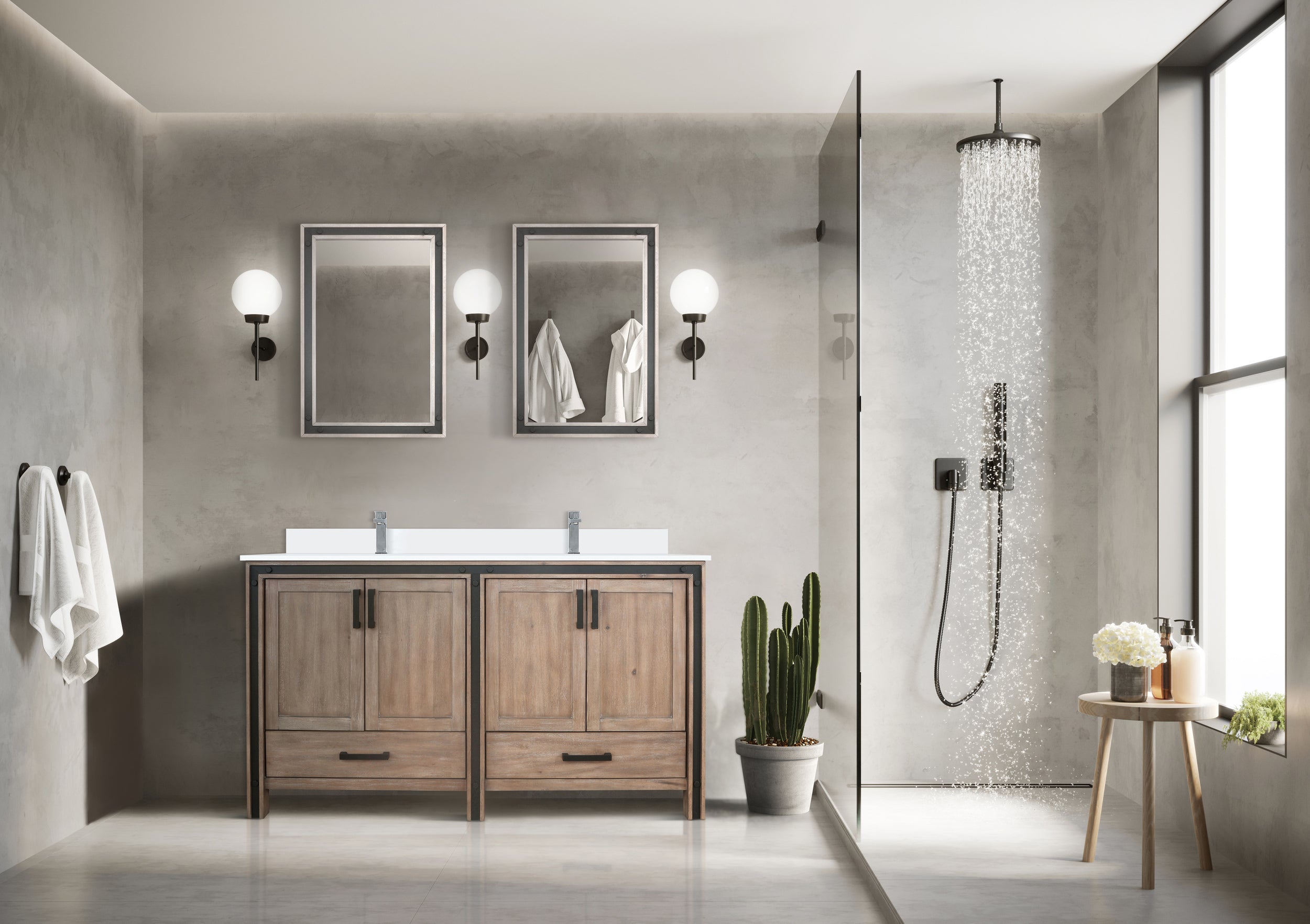 Rustic Barnwood Double Bath Vanity 60 in. W x 22 in. D, with White Quartz Top