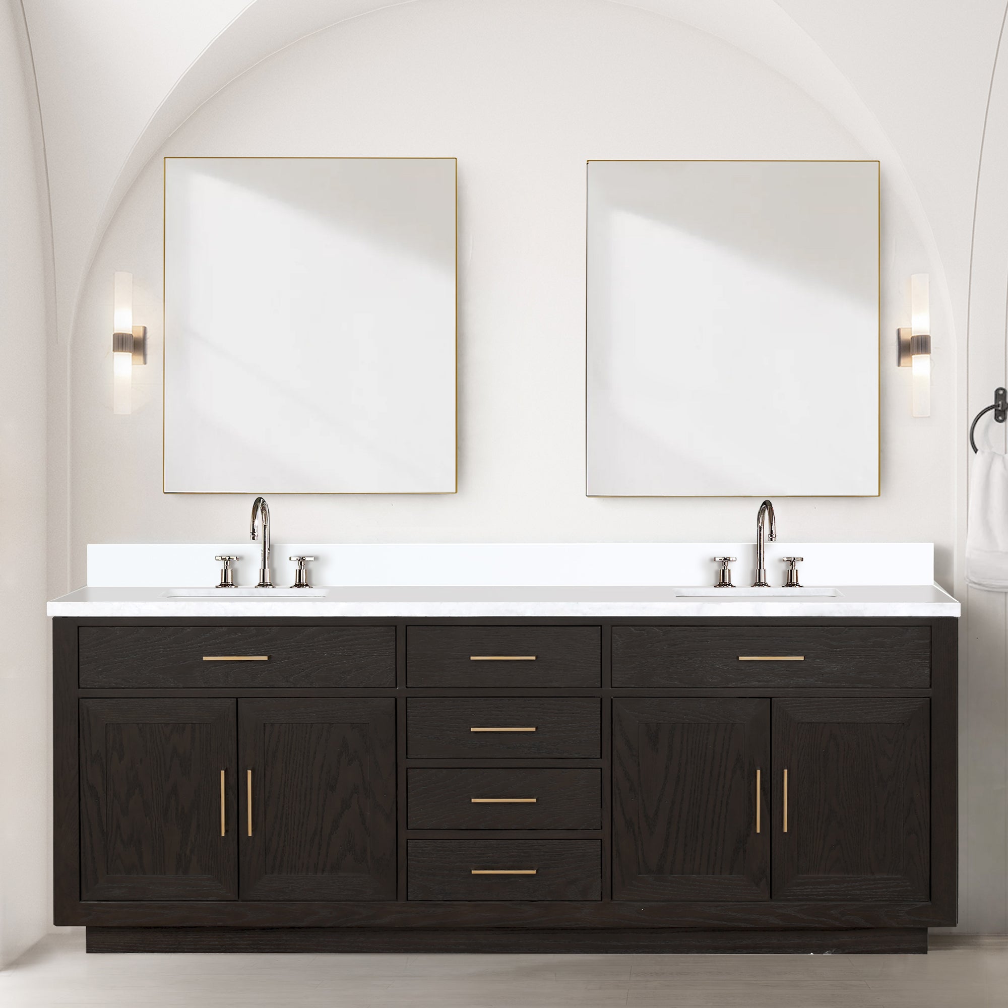 Brown Oak Double Bath Vanity 84 in. W x 22 in. D, Cultured Marble Top, and Faucet Set