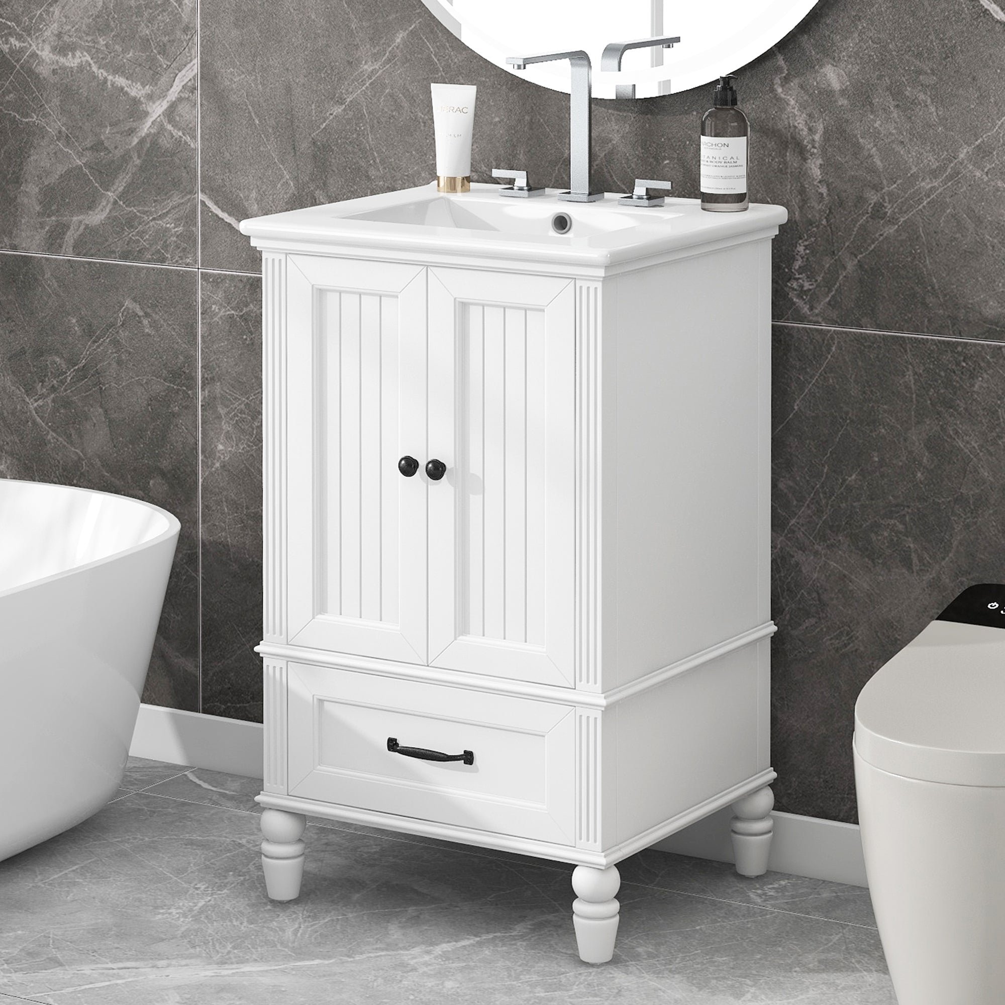 20' Bathroom Vanity with Sink, Bathroom Cabinet with Two Doors, Magnetic Door Stopper and  Adiustable Foot Pads, A Drawer, White