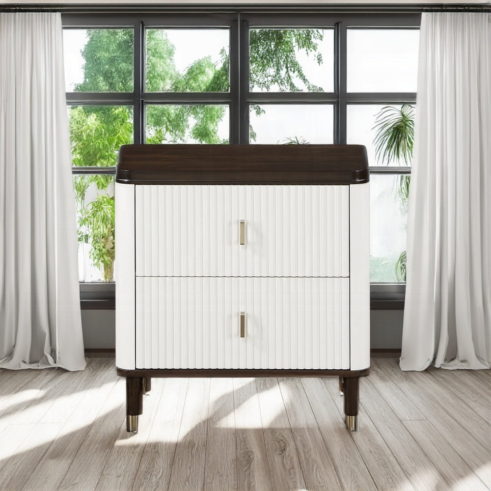 White and Brown 2-Drawer Nightstand with USB Port