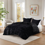 3 PCS Full/Queen Solid Faux Fur Comforter Mini Set Black