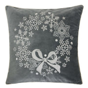 Gray Velvet Holiday Throw Pillow with Snowflake Wreath Embroidery, 20x20 with Insert
