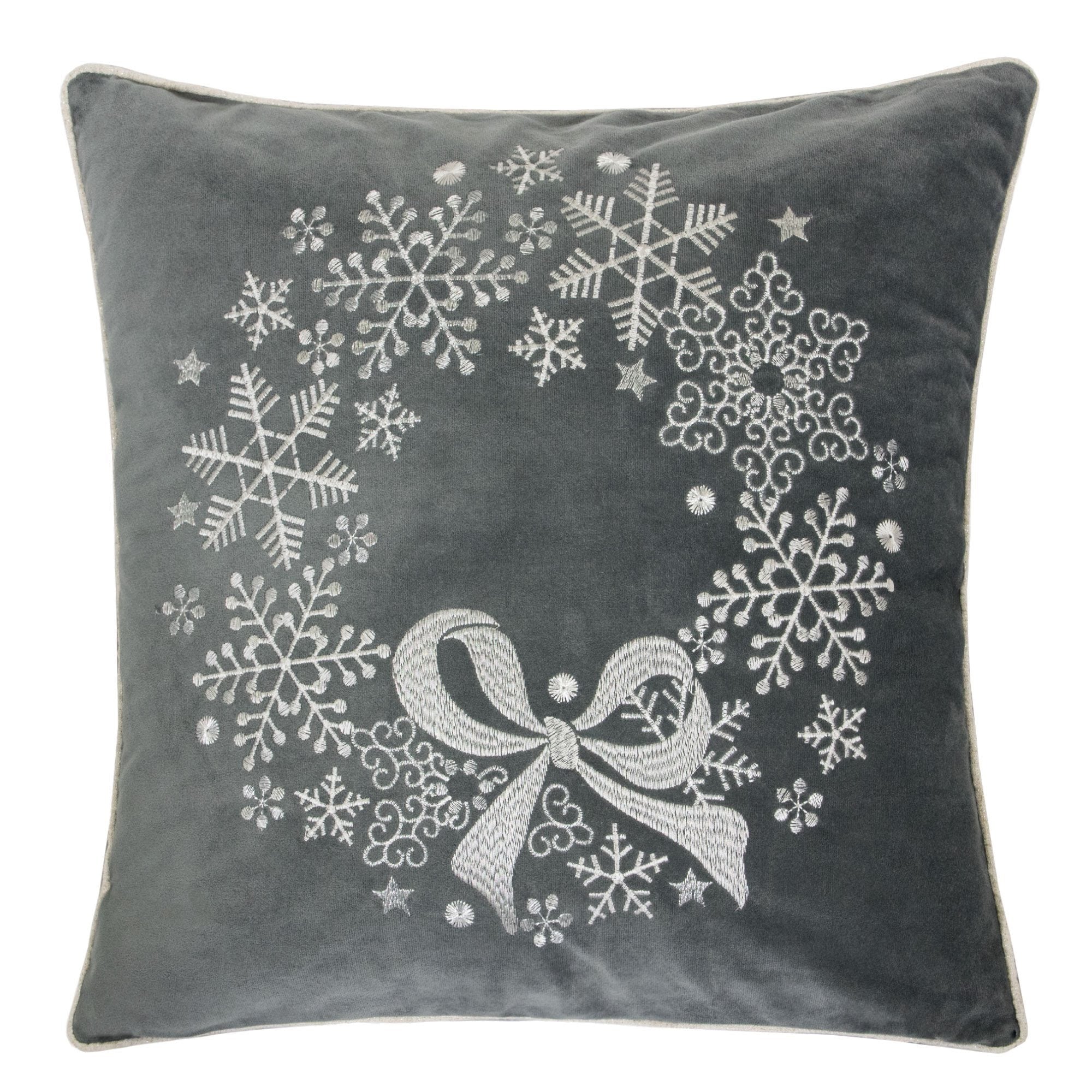Gray Velvet Holiday Throw Pillow with Snowflake Wreath Embroidery, 20x20 with Insert