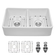 White Ceramic Double Bowl Farmhouse Apron Front Kitchen Sink 32 inches, Sturdy and Stylish with Scratch-Resistant Finish