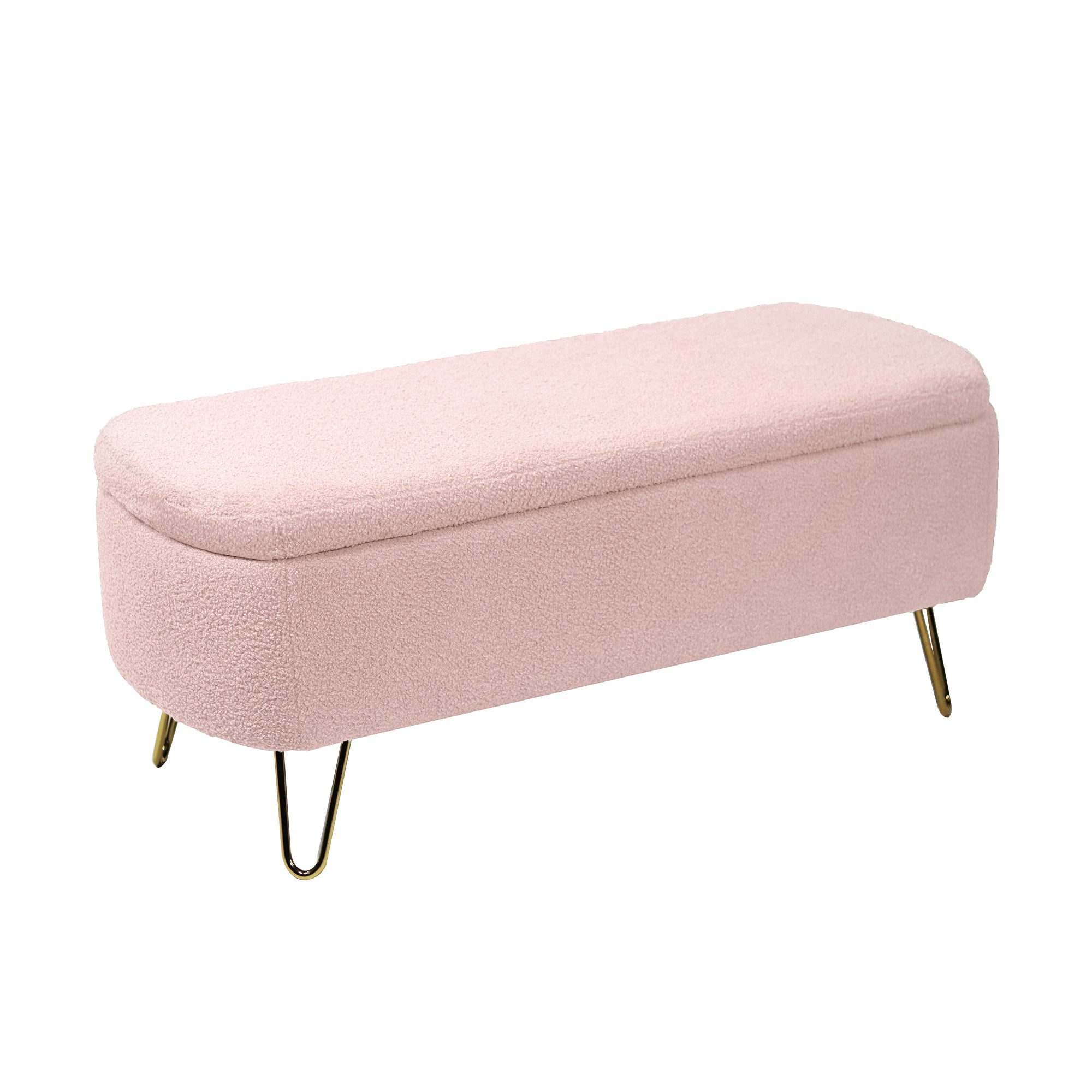 Pink Storage Ottoman Bench for End of Bed Gold Legs, Modern Grey Faux Fur Entryway Bench Upholstered Padded with Storage for Living Room Bedroom