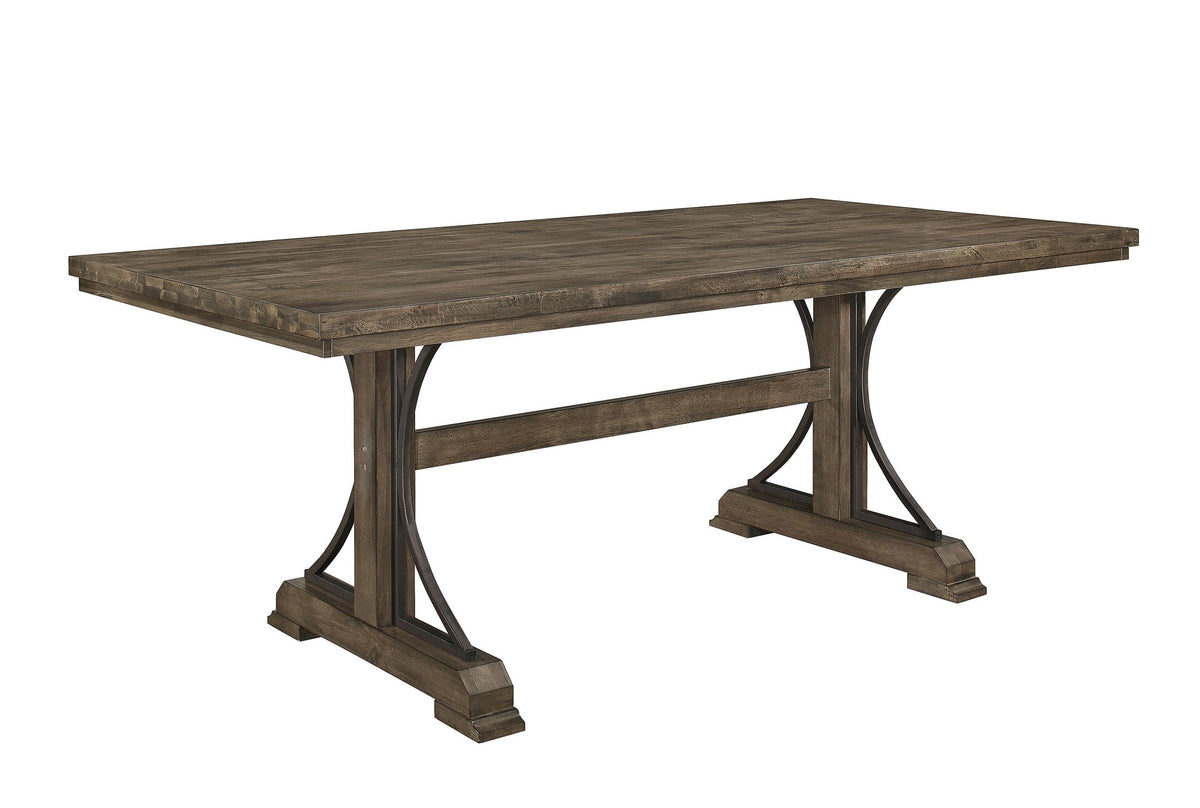 1pc Light Brown Finish Curved Metal Accents Trestle Base Rectangular Dining Table Wood Wooden Metal Furniture