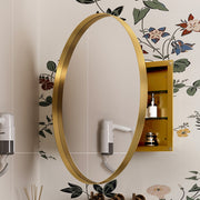 31.5 Inch Surface Mount Round Metal Framed Medicine Cabinet with Mirror and Adjustable Shelves Black Wall Mirror with Storage for Bathroom, Matte Gold