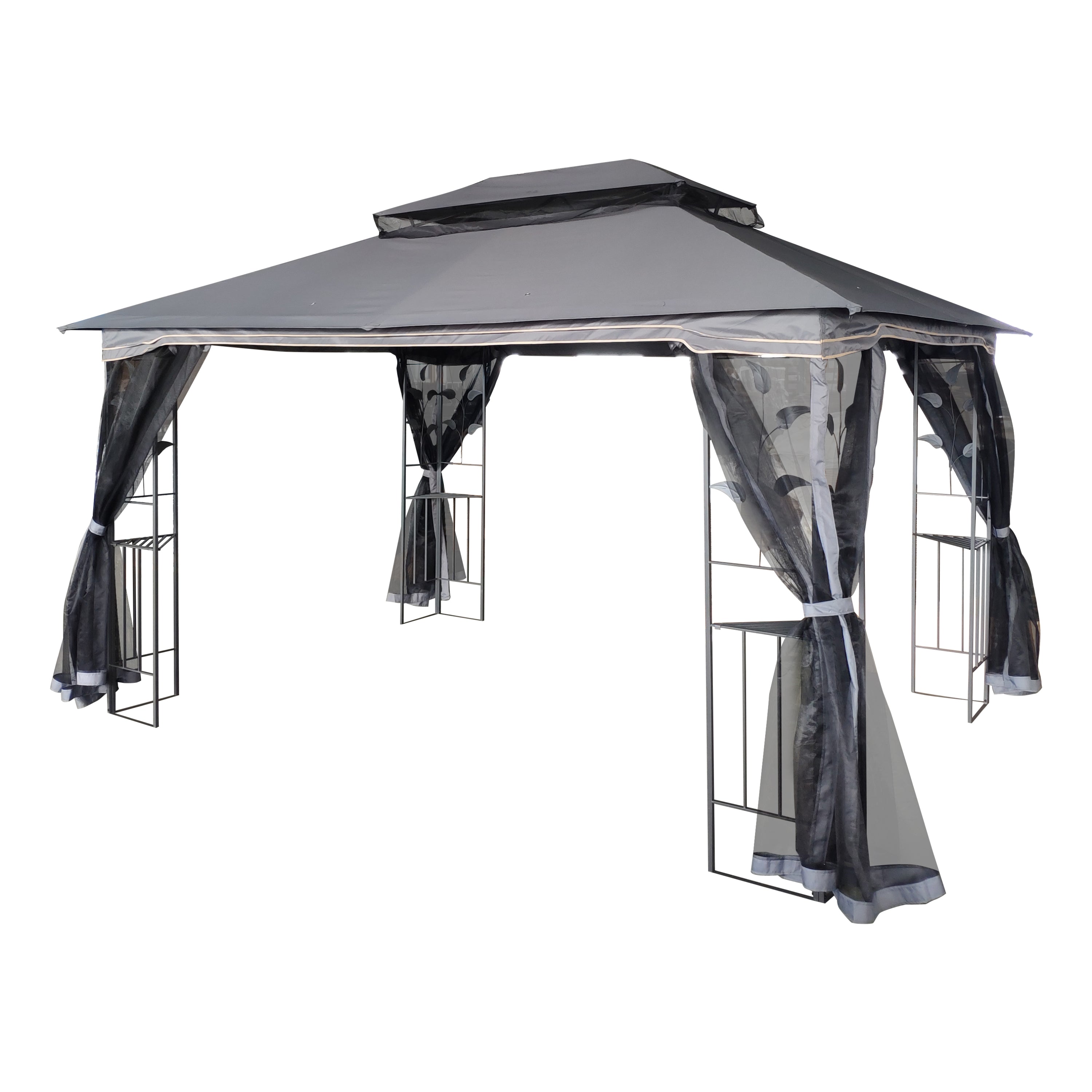 13 x 10 ft Patio Gazebo Tent with Ventilated Double Roof and Mosquito Net, Gray Canopy for Backyard or Garden