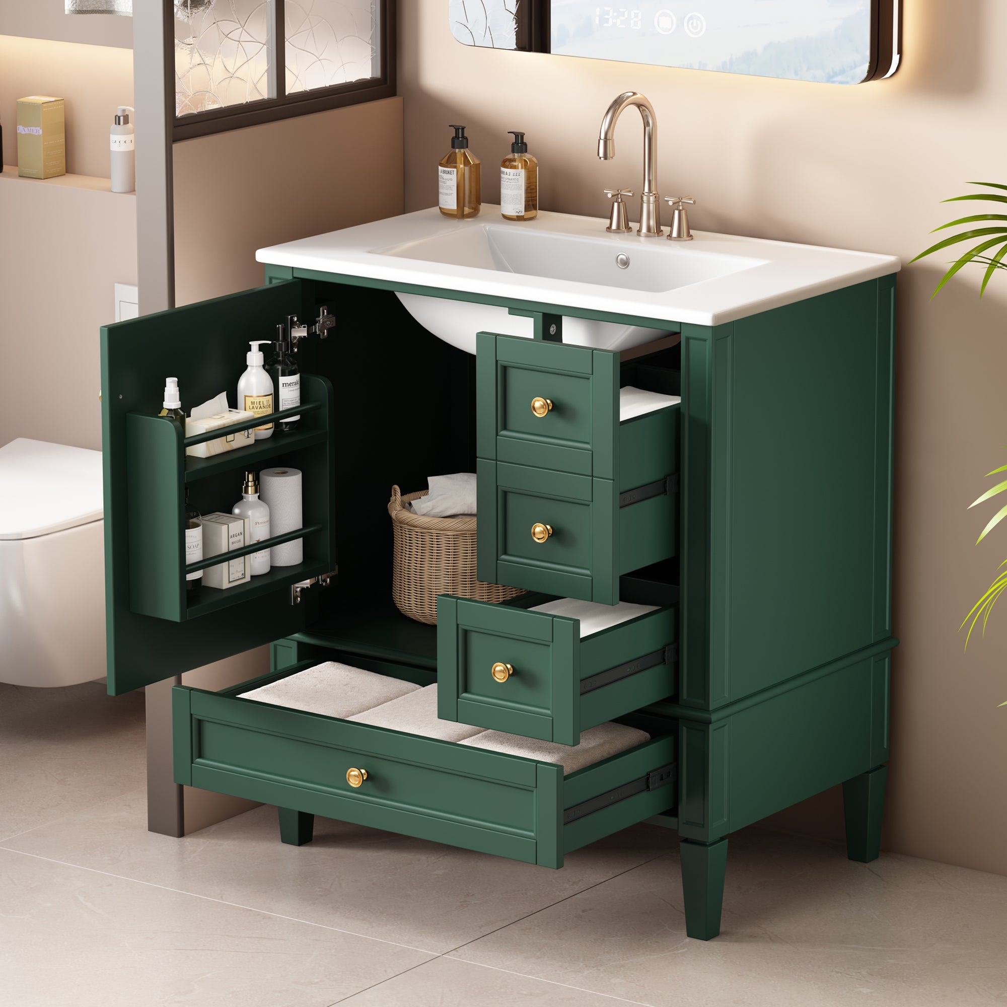 30 Inch Bathroom Vanity with Ceramic Sink, Bathroom Vanity with 3 Drawers, Solid Wood Frame Modern Bathroom Storage Cabinet , Ideal for Home