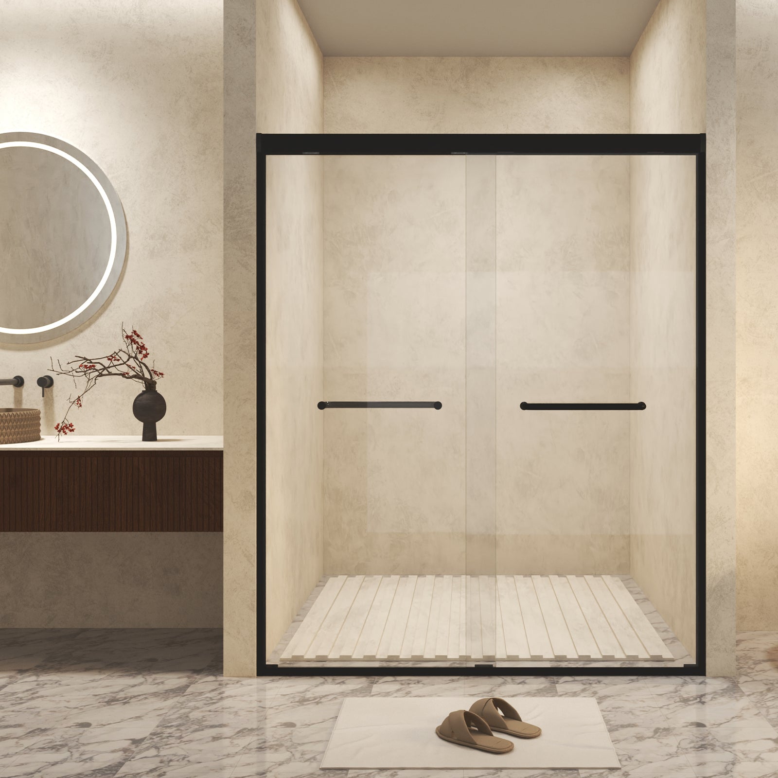 56-60 ' x 72' Tempered Glass with Explosion Proof Film, Aluminum Frame Double Sliding Shower Door, '1/4 (6 mm), Stainless Steel handle, Matte Black