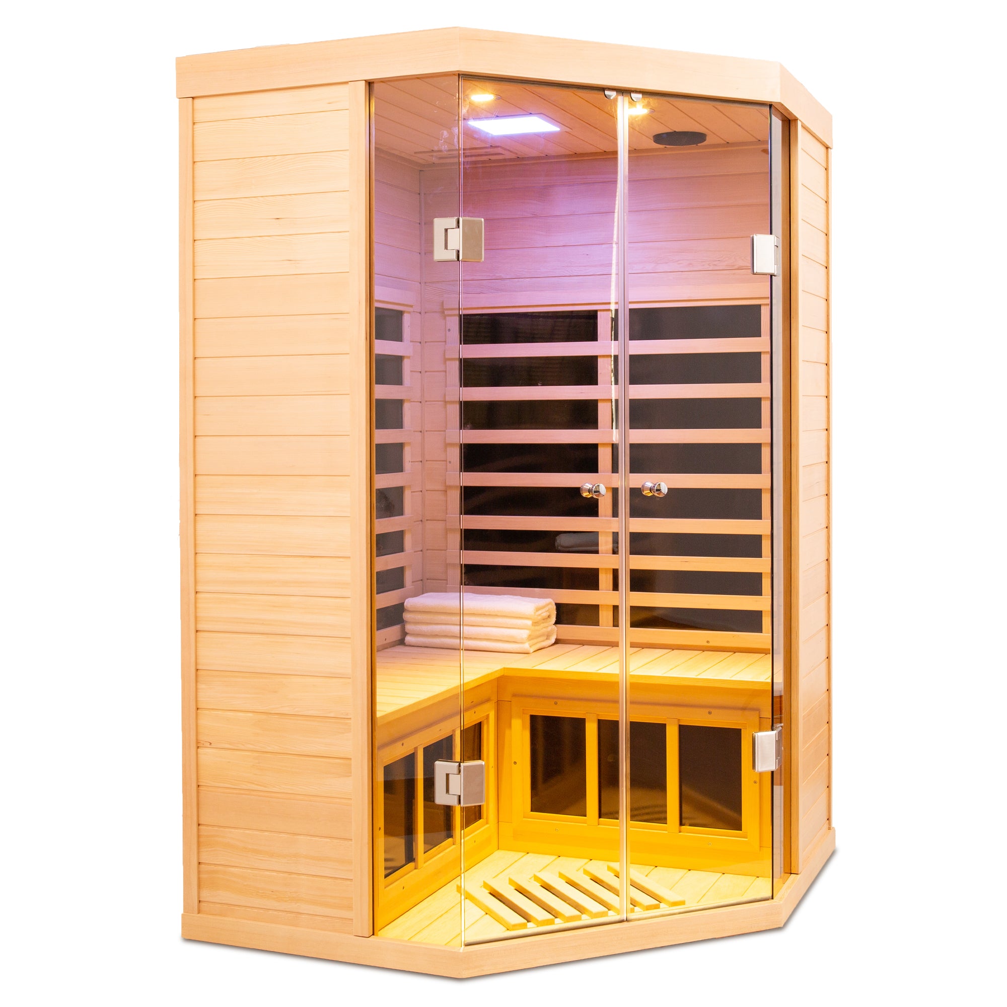 Deluxe Hemlock Far Infrared Corner Sauna Room with Glass Front for Two Persons