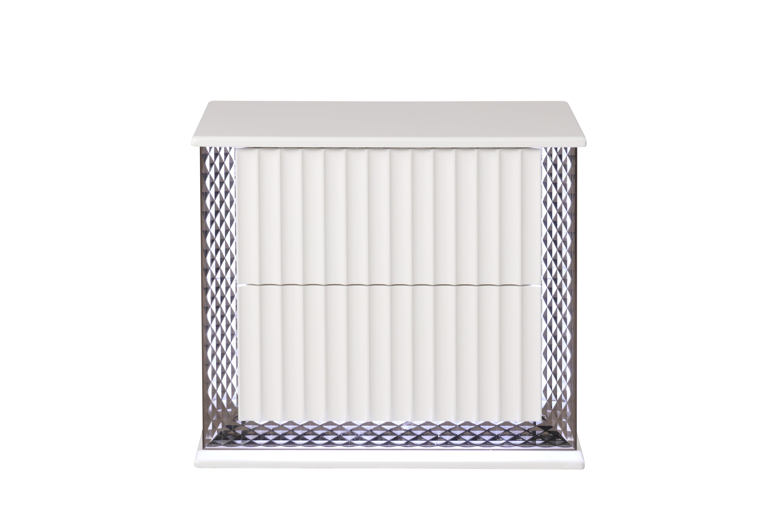 Fabio Contemporary Style 2-Drawer Nightstand Made with Diamond-Patterned Side Accents with LED Lighting and Wood in White Finish  (NJ inventory)