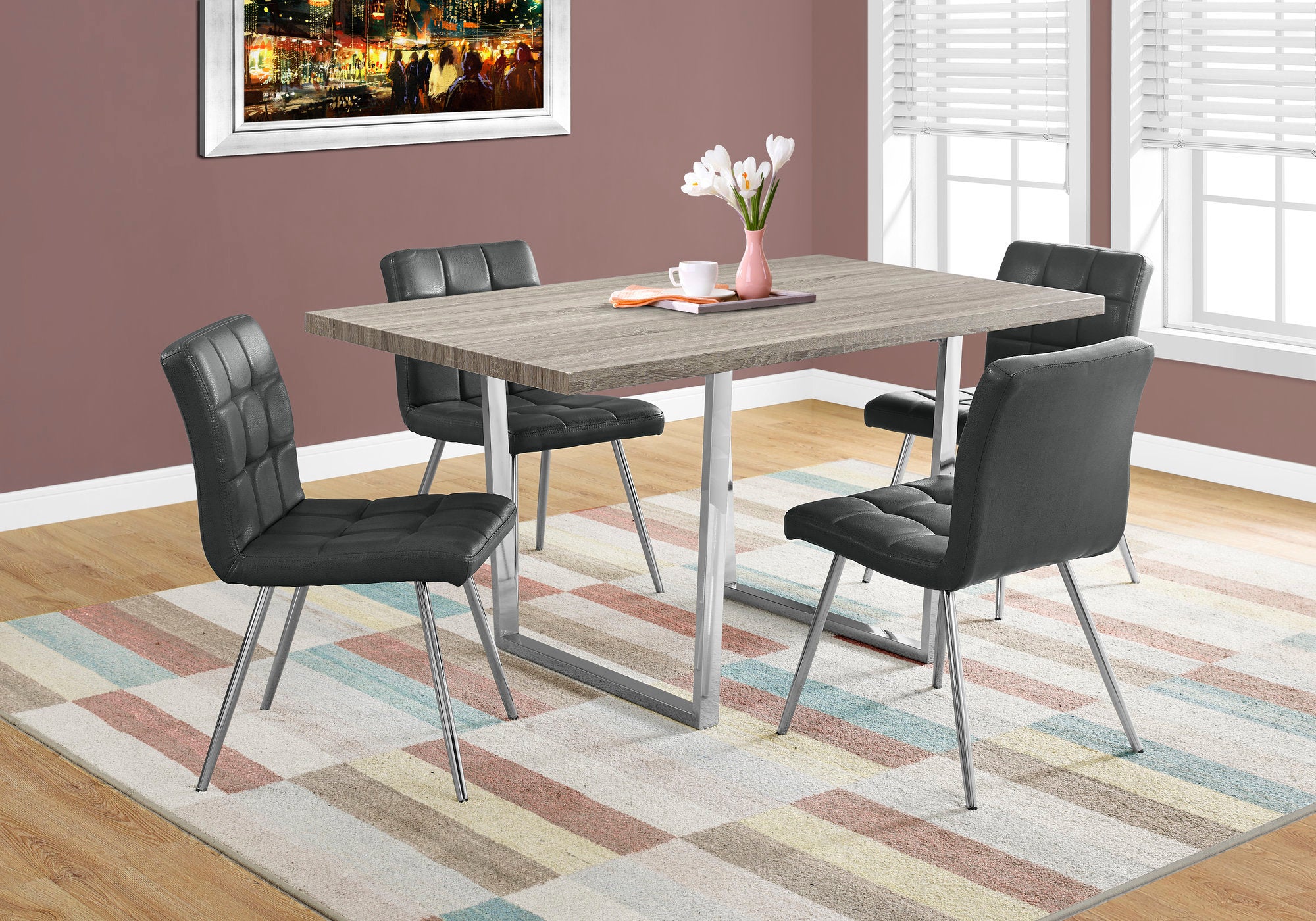 Dining Table, 60' Rectangular, Kitchen, Dining Room, Brown Laminate, Chrome Metal, Contemporary, Modern