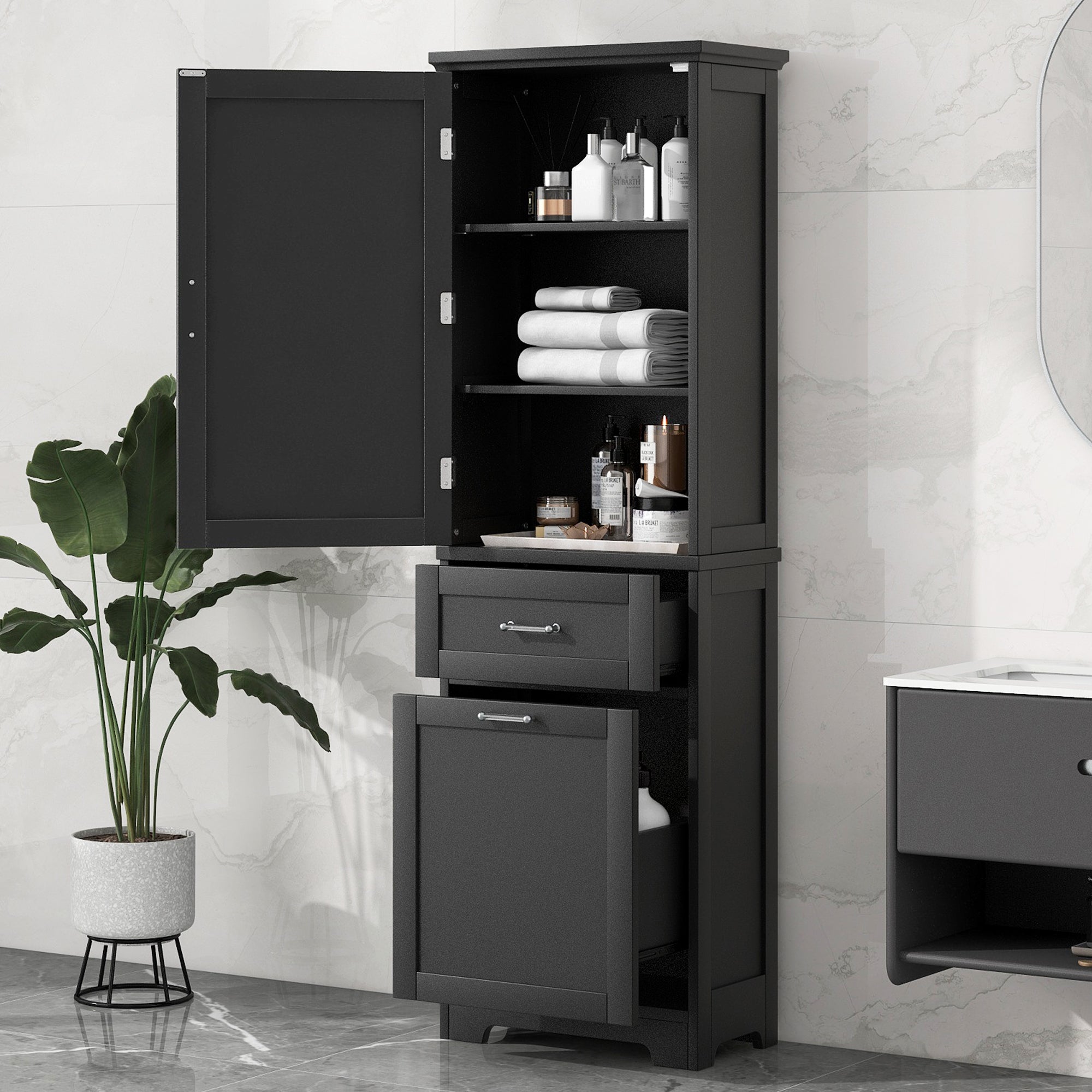 Tall Bathroom Storage Cabinet, Freestanding Storage Cabinet with Two Different Size Drawers and Adjustable Shelf, MDF Board with Painted Finish, Black (Old Sku:WF312730AAB)