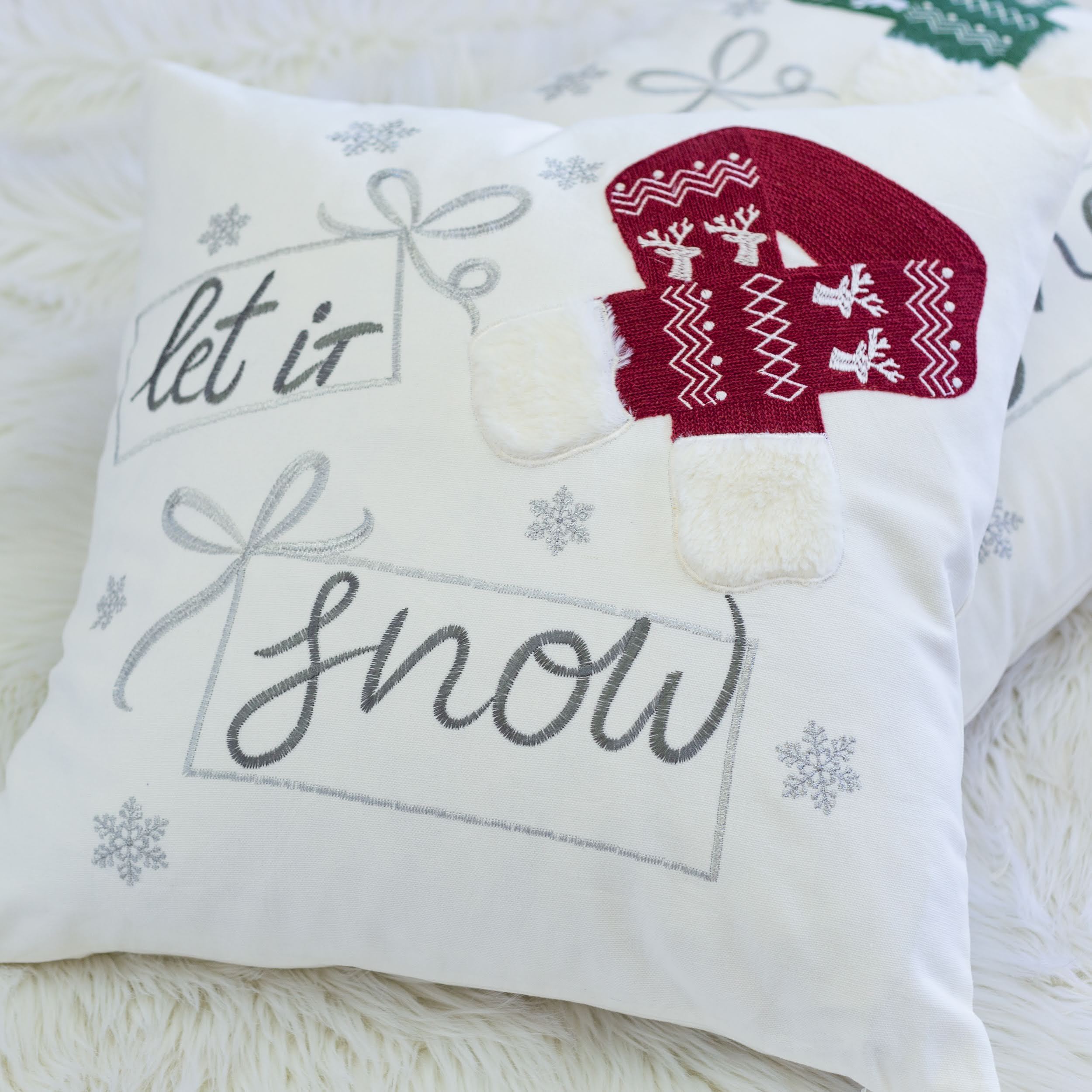 Let It Snow Christmas Throw Pillow – 20x20' Square Cotton Cushion with Red Knit Hat Design and Insert